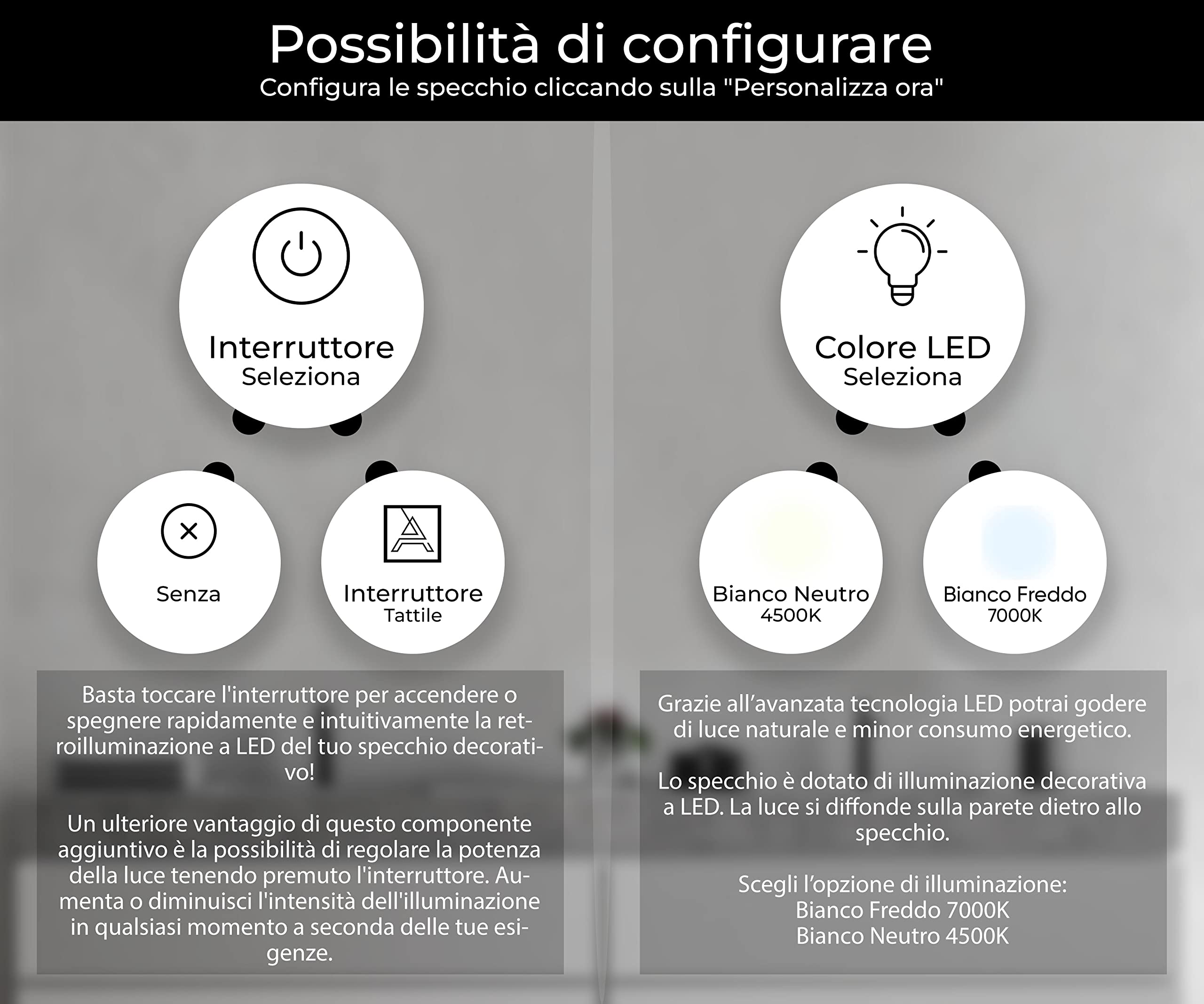 A ARTFORMA Specchio con Coperchio Controluce LED da Bagno - 140x60 cm - su Misura - T100 - a Muro con Illuminazione