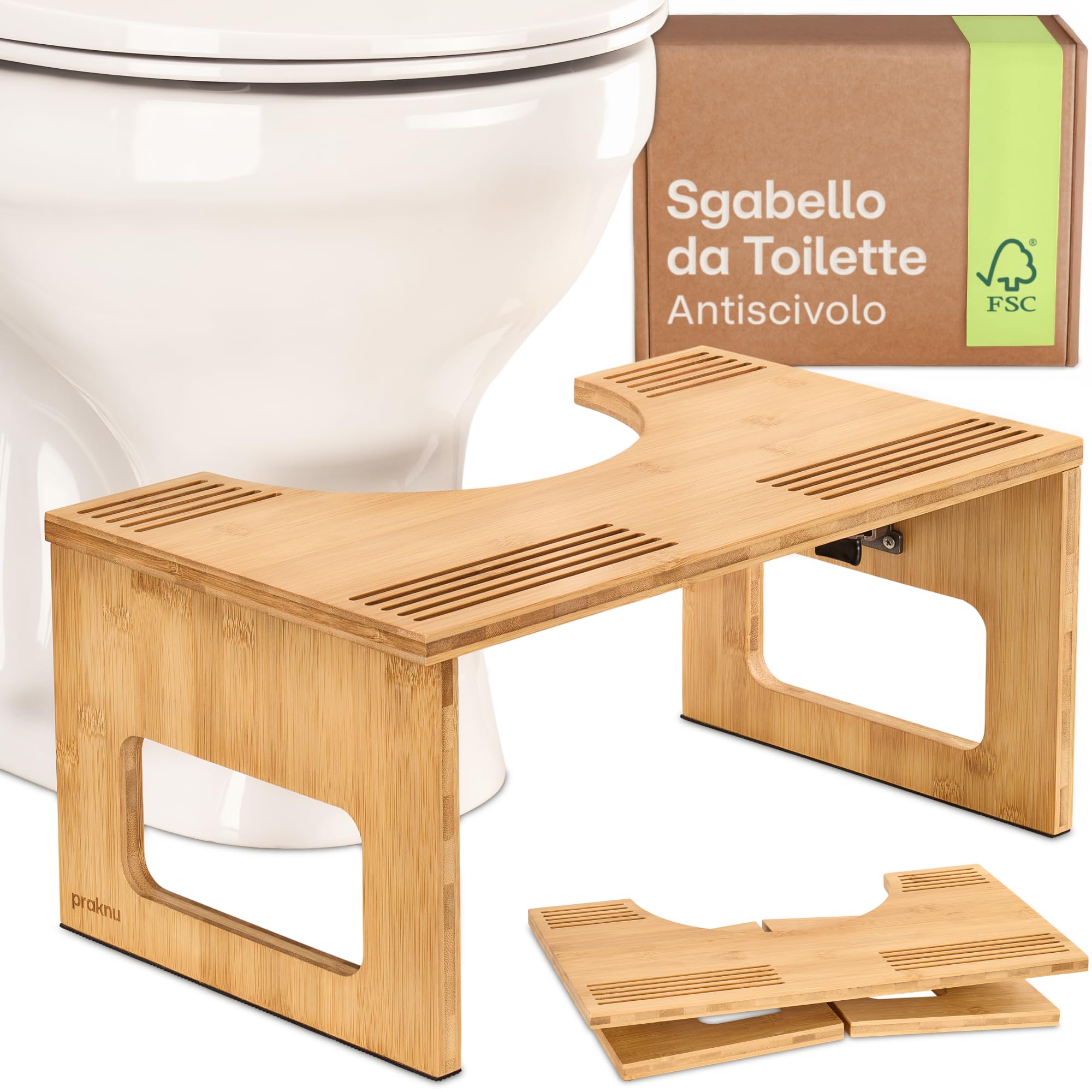 Praknu Sgabello WC Pieghevole in Bambù FSC® – Ergonomico, 𝗔𝗻𝘁𝗶𝘀𝗰𝗶𝘃𝗼𝗹𝗼 e Fisiologico per Adulti - Ideale per il Bagno