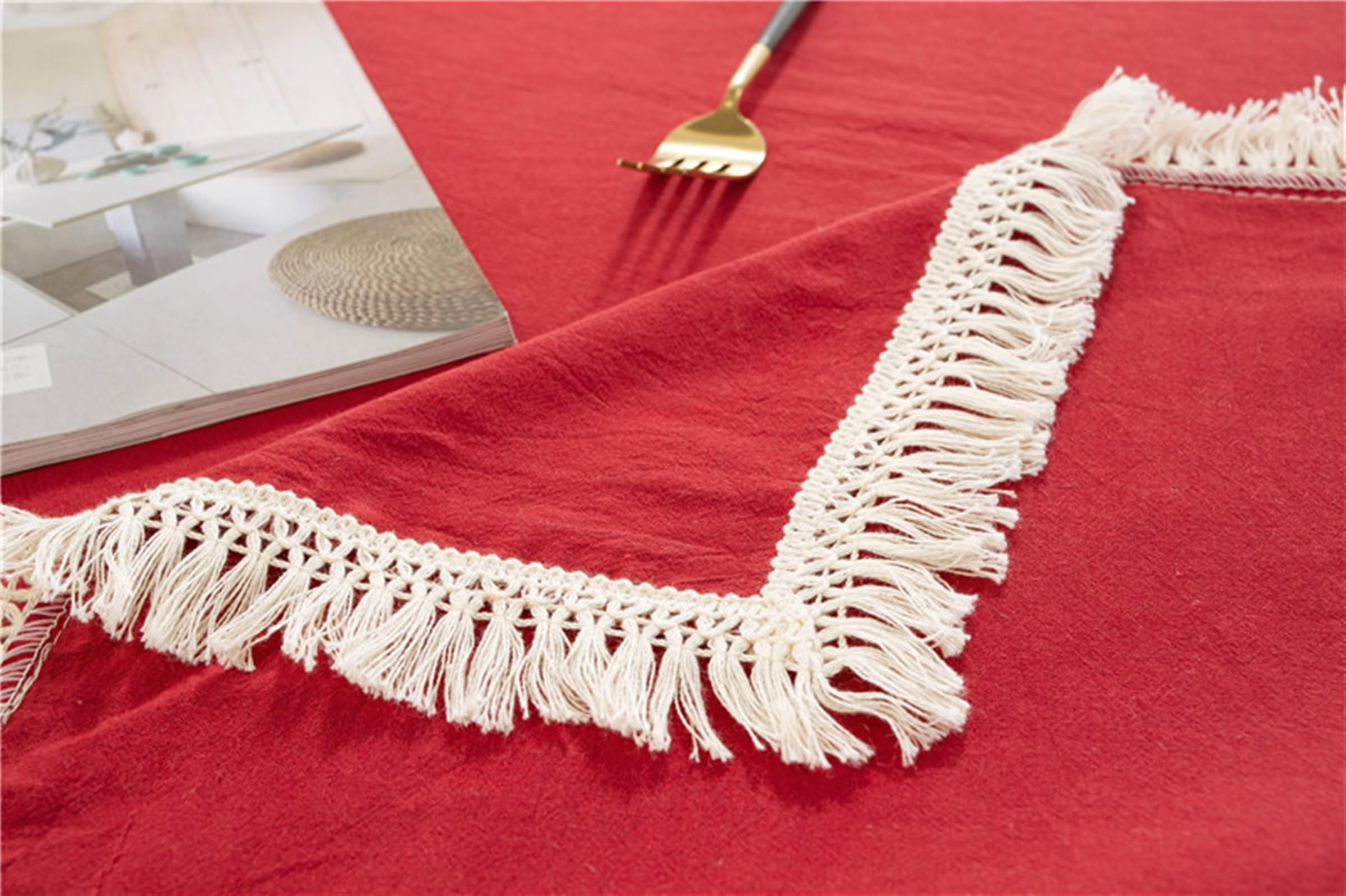 Mantel cuadrado para mesa de comedor, 35 x 35 pulgadas, de algodón, color liso, con borlas, para eventos, bodas, banquetes y fiestas, estilo B rojo