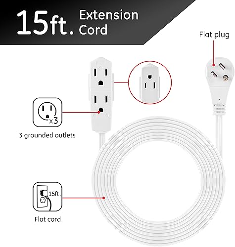 Miniatura 2 de GE 56986 - Extensión para interiores, cable de alimentación de 15 pies, 3 tomas de tierra, 3 clavijas, enchufe plano de perfil bajo, calibre 16,