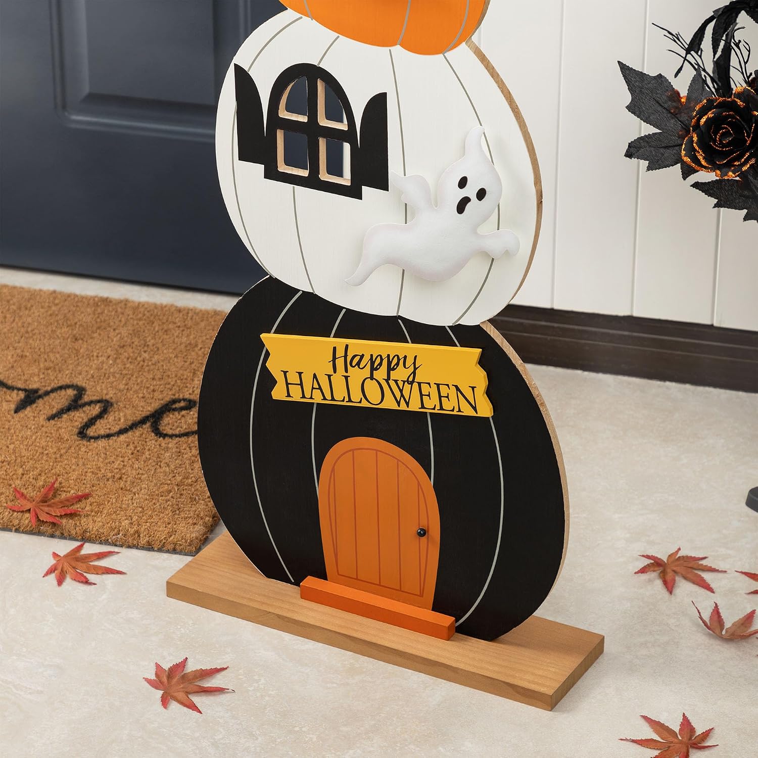 Glitzhome 35"H Halloween Wooden Pumpkin Haunted House Porch Decor - Stacked Pumpkin with Witch Hat, Ghosts & Happy Halloween, Detachable Base for Easy Storage, Halloween Porch Sign Front Door Decor