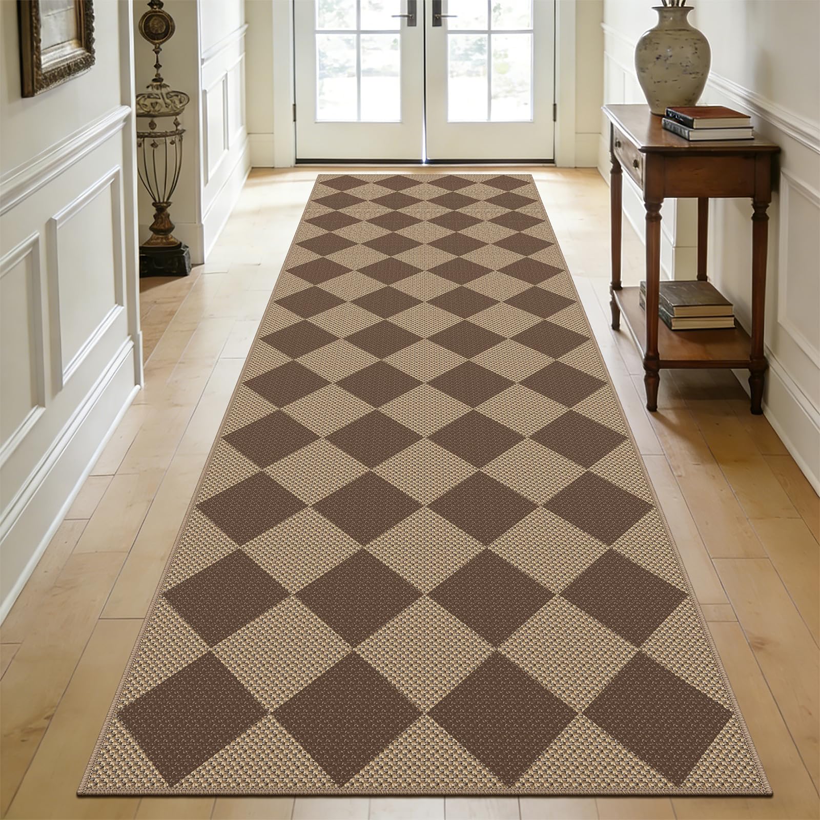 Capslpad Teppich Läufer Flur 80x300cm, Raute Jute Aussehen Küchenteppich Natürlich Waschbar Outdoor Teppich Braun rutschfest Küchenläufer für Flur, Küche, Schlafzimmer, Balkon, Terrasse