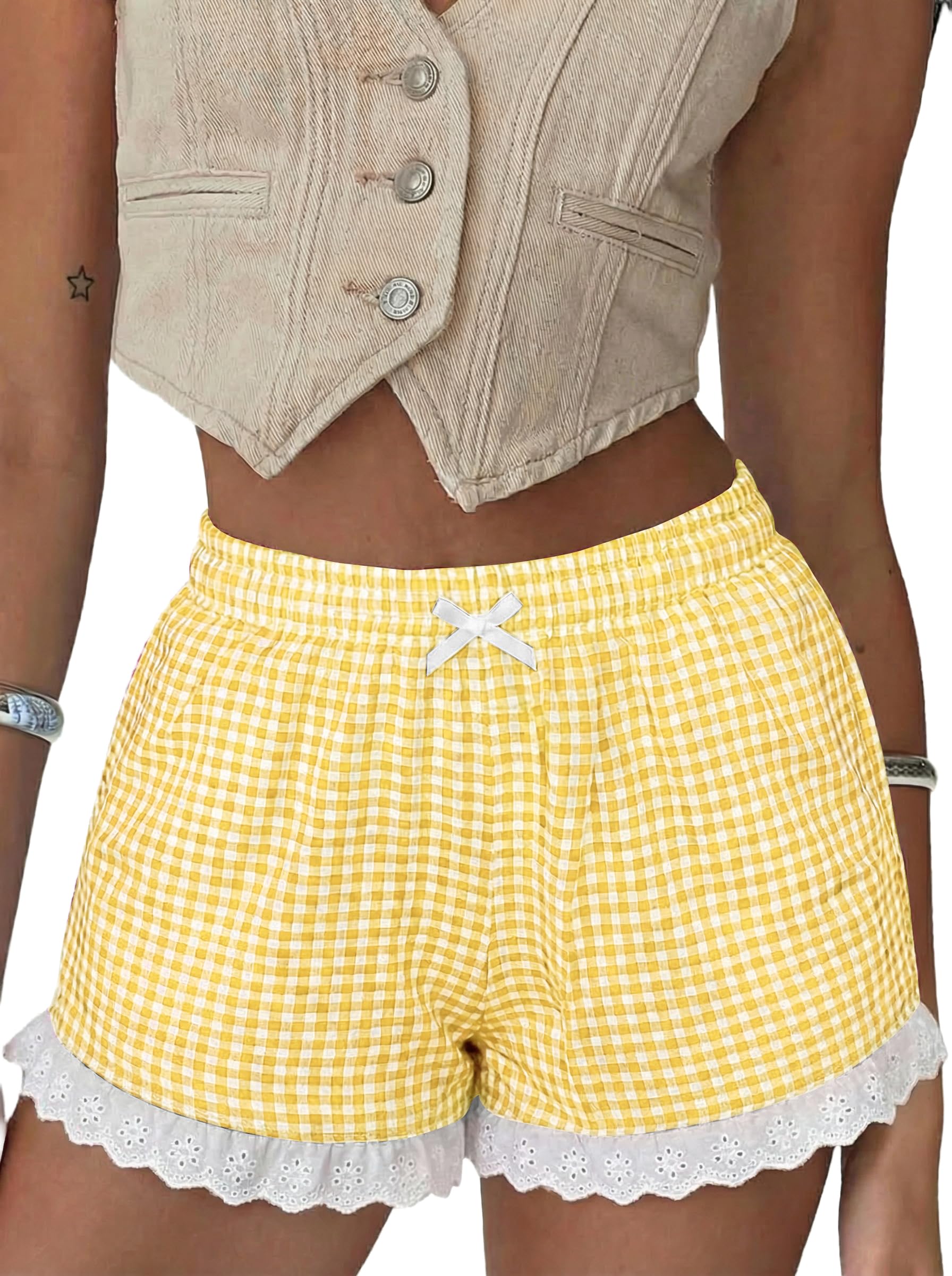 Boxer Shorts Gingham Shorts Y2K Beach Bottoms | Plaid Shorts Y2K Pajama Bottoms Two Pockets