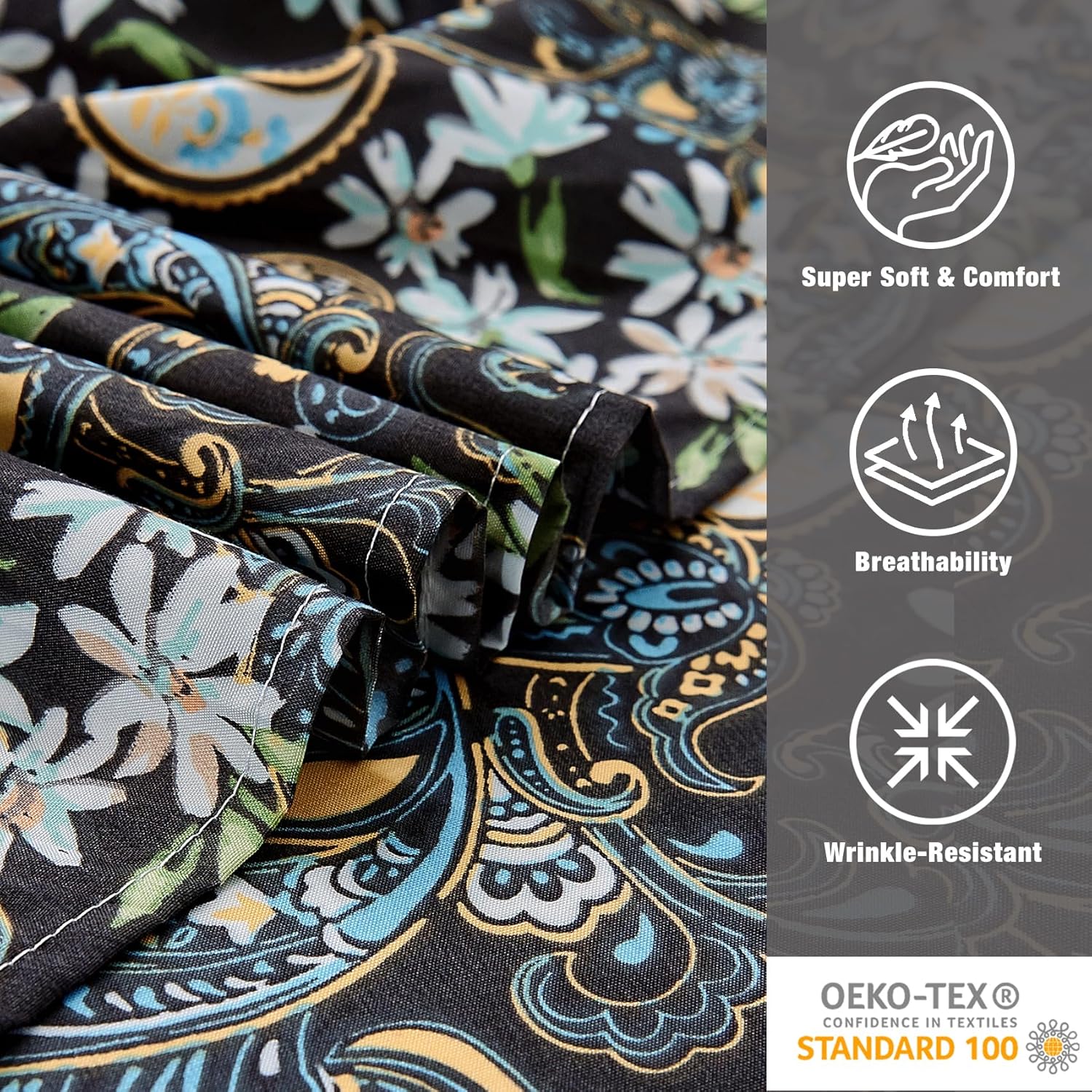 JSD Black Paisley Floral Printed Sheet Set King Size, 4 Piece Soft Pattern Microfiber Sheets Extra Deep Pocket - Image 6