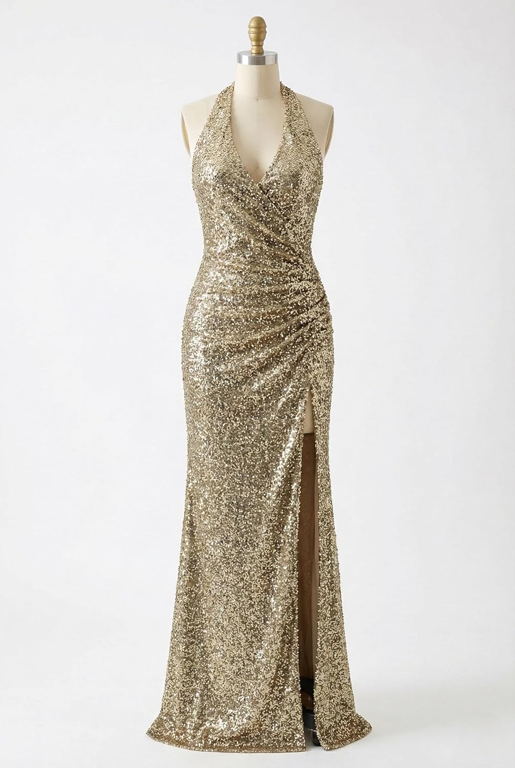 Halter Sequin Prom Dress for Women 2026 Pleats Formal Evening Dress with Slit L01032 - Image 4