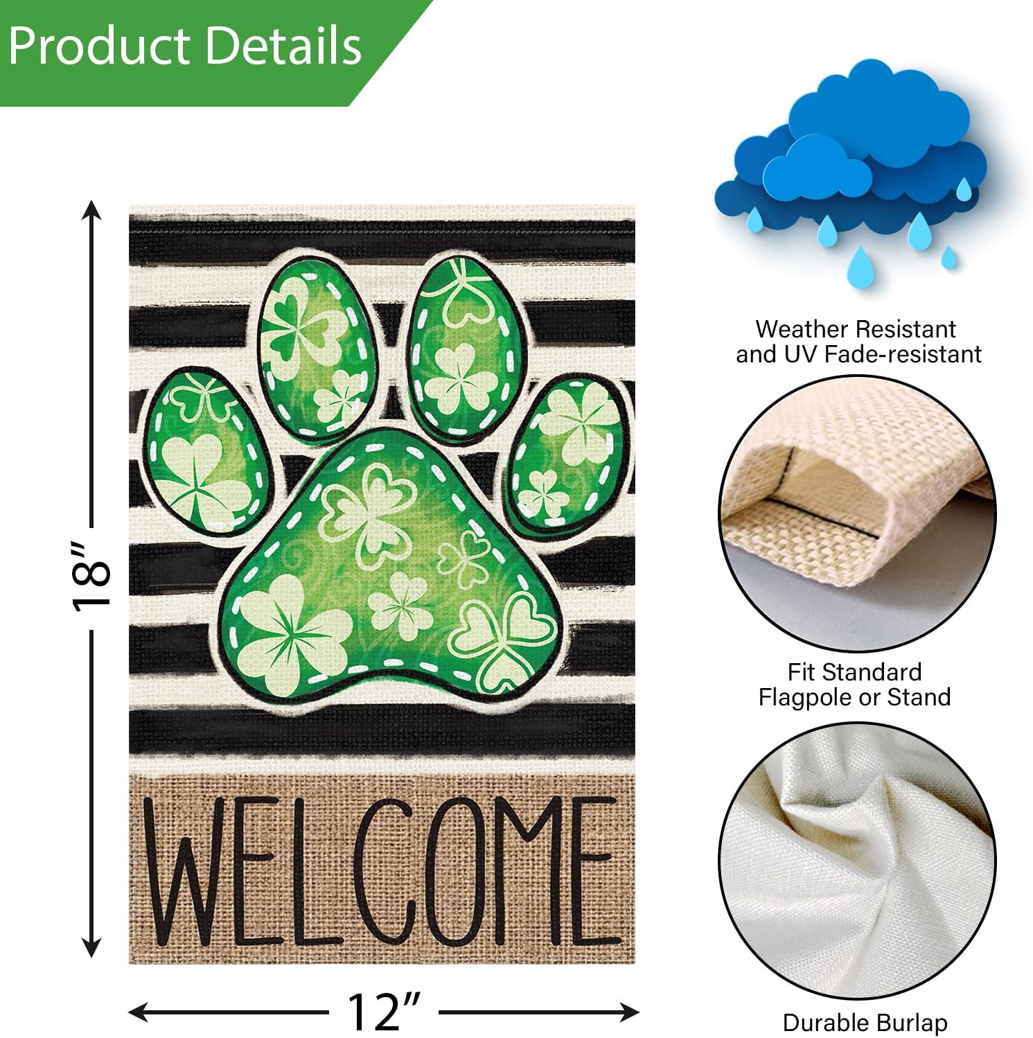 Louise Maelys St Patrick's Day Garden Flag Clover Dog Paw Welcome 12x18 Inch Double Sided Small Burlap Spring Holiday Yard Outdoor Outside House Decor Sign - Image 4