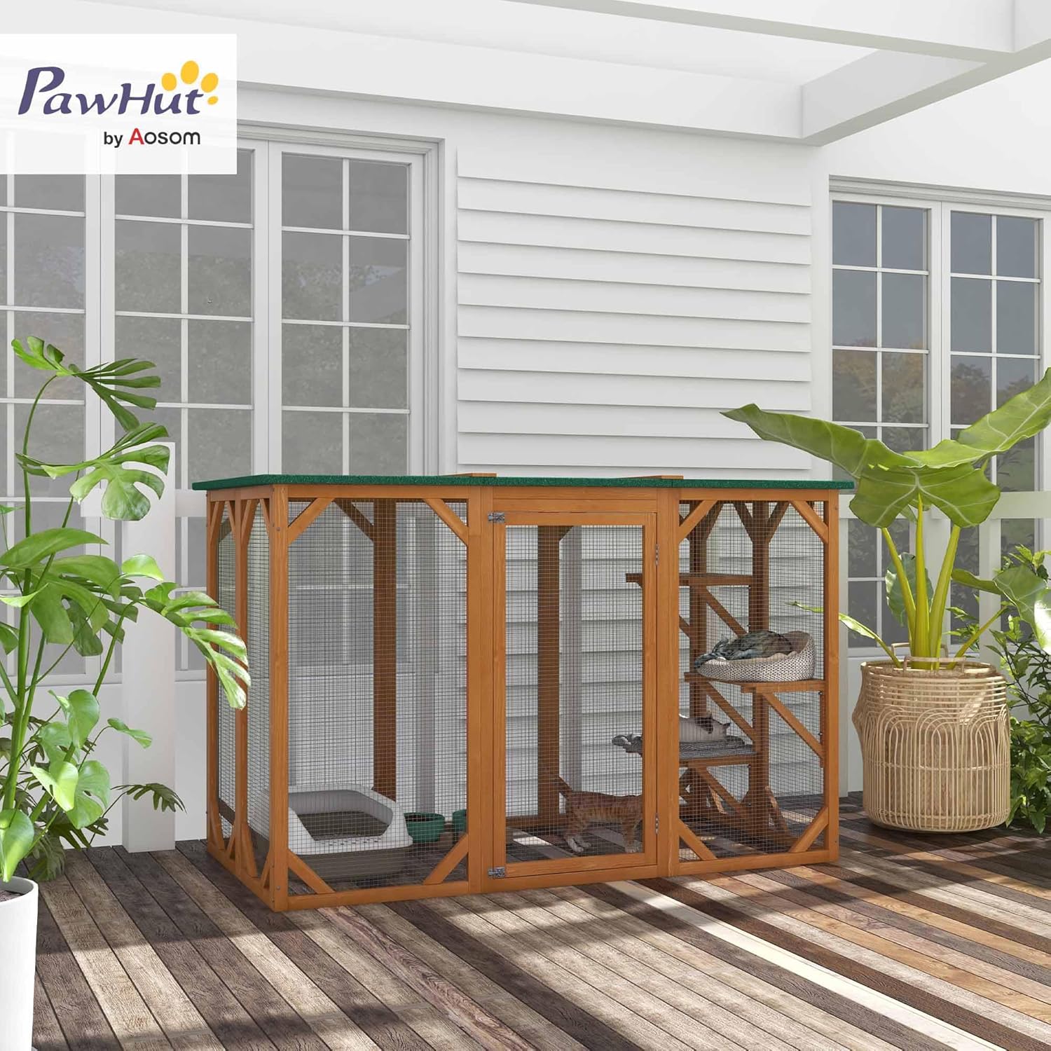 PawHut Outdoor Cat House, Catio Wooden Feral Cat Shelter, Cat Cage with Platforms, Large Enter Door, Weather Protection Asphalt Roof, 71" L, Orange