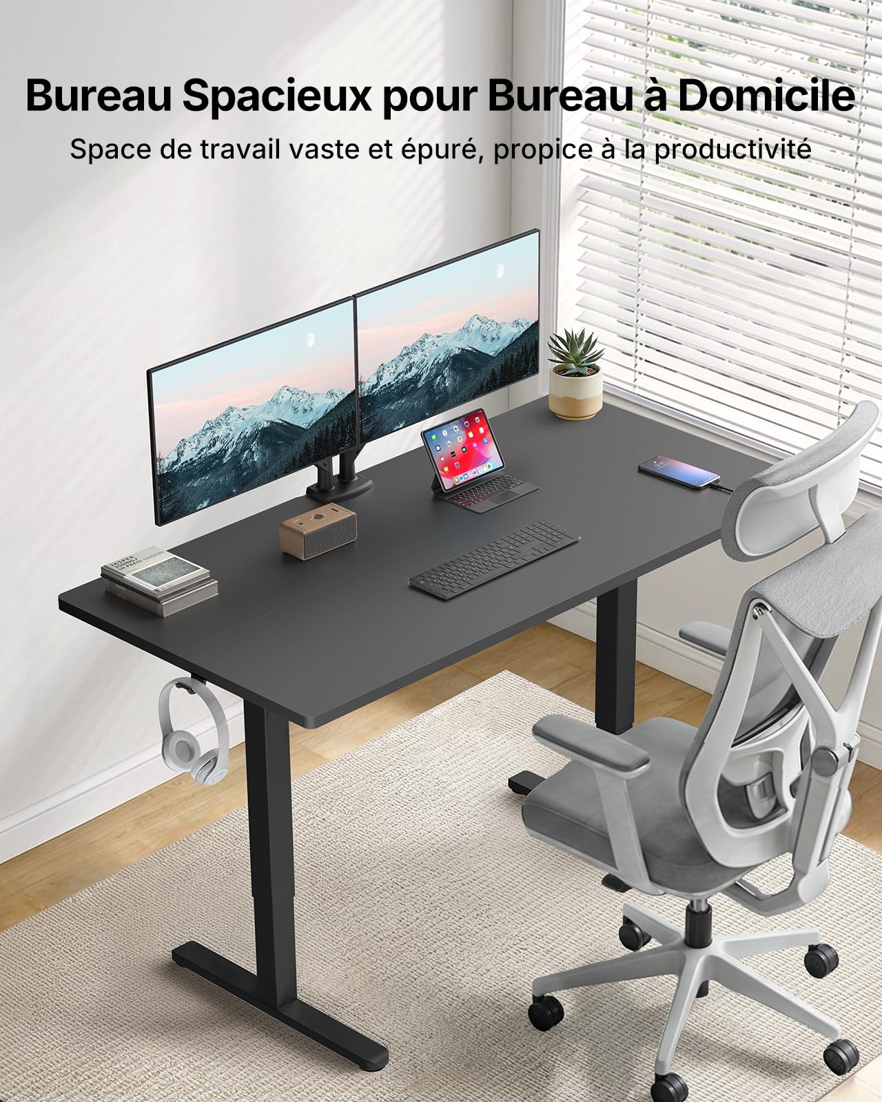 HUANUO Bureau Debout 160 x 80 cm avec Port de Charge USB-C et USB-A, Hauteur réglable de 72 à 118 cm, 4 préréglages de mémoire, Gestion des câbles et Crochet