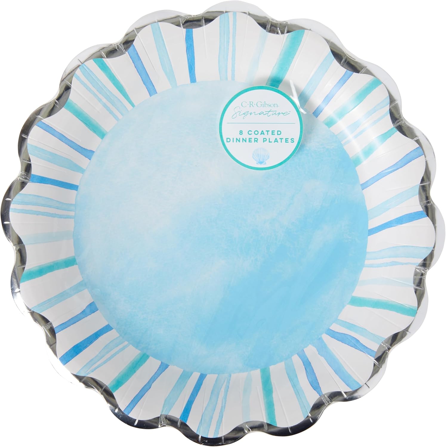 C.R. Gibson Watercolor Coastal Scallop Edge Disposable Paper Dinner Plates, 10.25" Diameter, 8-Count