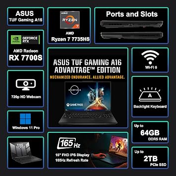 ASUS TUF Gaming A16 Laptop 16 WUXGA 165Hz 100% sRGB AMD 8-core Ryzen 7 7735HS 64GB DDR5 1TB SSD Radeon RX 7700S (>RTX4060) Backlit USB4 AI Noise Cancelation Win11Pro w/ICP Accessory