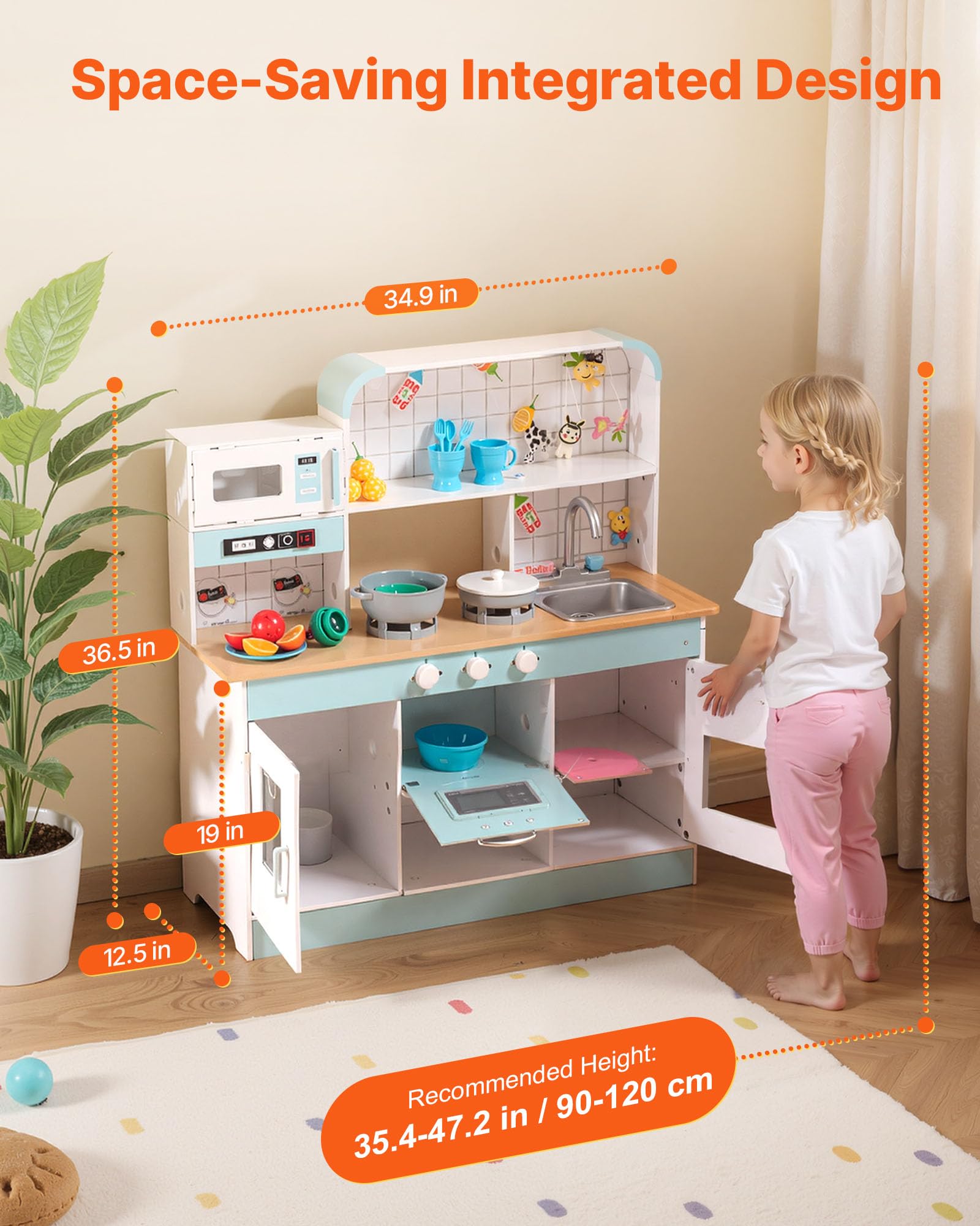 VEVOR Cuisine pour Enfants, Ensemble Cuisine pour Tout-petits en Bois avec Lumières, Son, Machine à Glaçons, Four, Évier, Micro-ondes, Réfrigérateur, Ustensile, Accessoire, pour Enfants 3-8 ans, Blanc