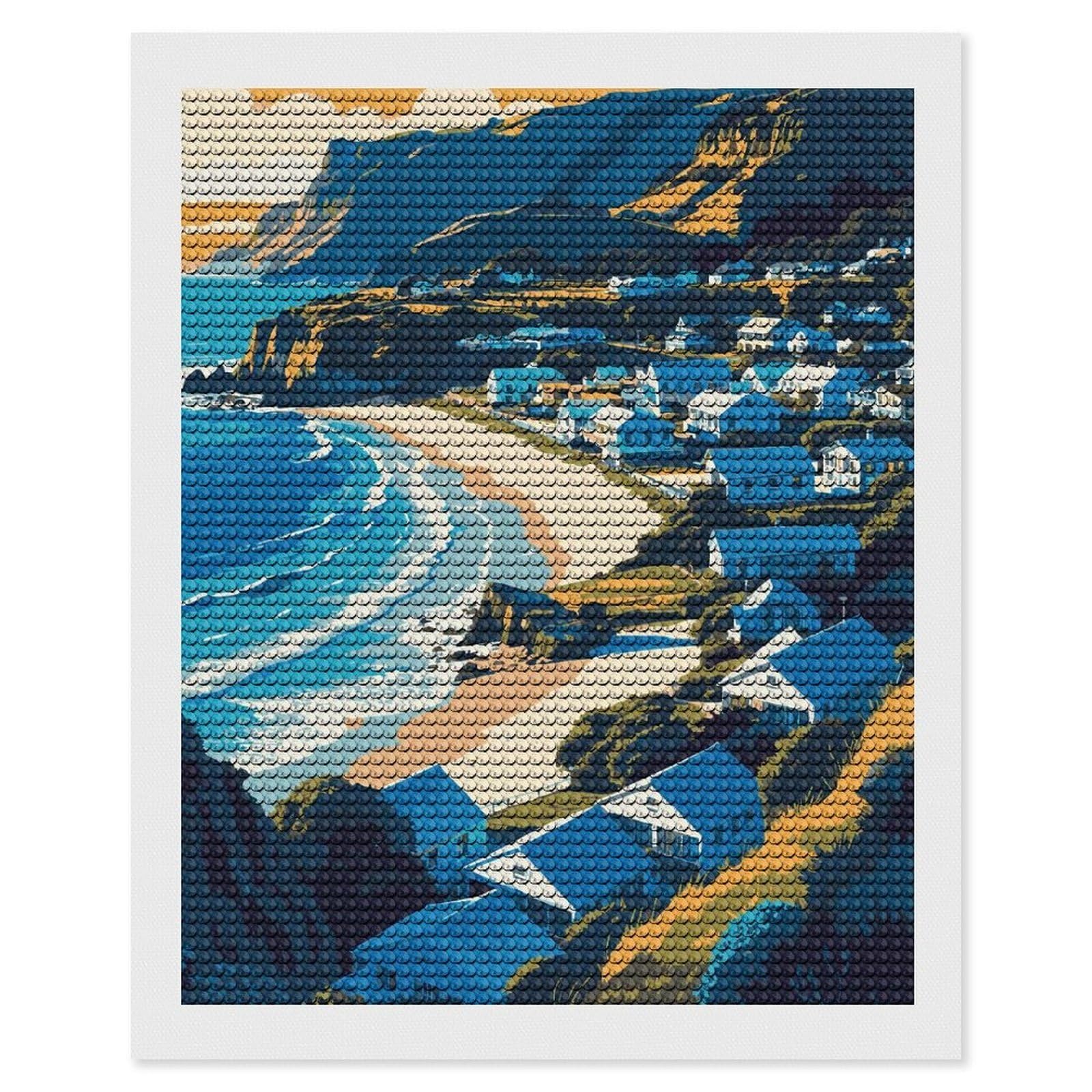 Junmoney Coastal Village Landscape Illustration Diamond Painting Canvas Set 16"x20", for Women, Pleasing Wall Art Project, Aesthetic Room Decor, Gift Idea