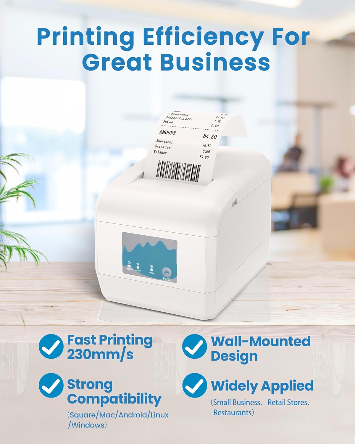 ZYWELL ZY908 printer demonstrating fast printing and wall-mounted design