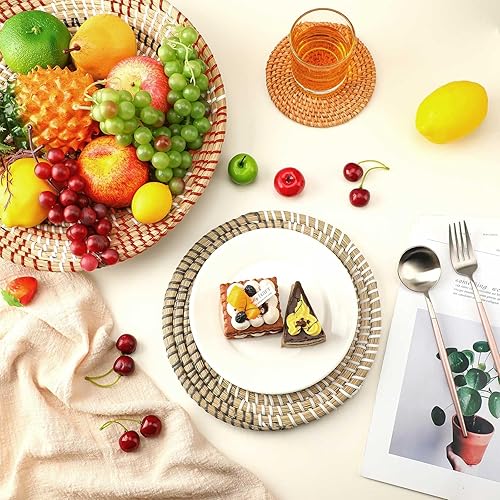 Miniatura 4 de Xuhal Cesta de pared bohemia de 15 piezas, hecha a mano, tejida a mano, rústica, redonda, tejida, arte colgante para el hogar, granja, cocina, mesa,