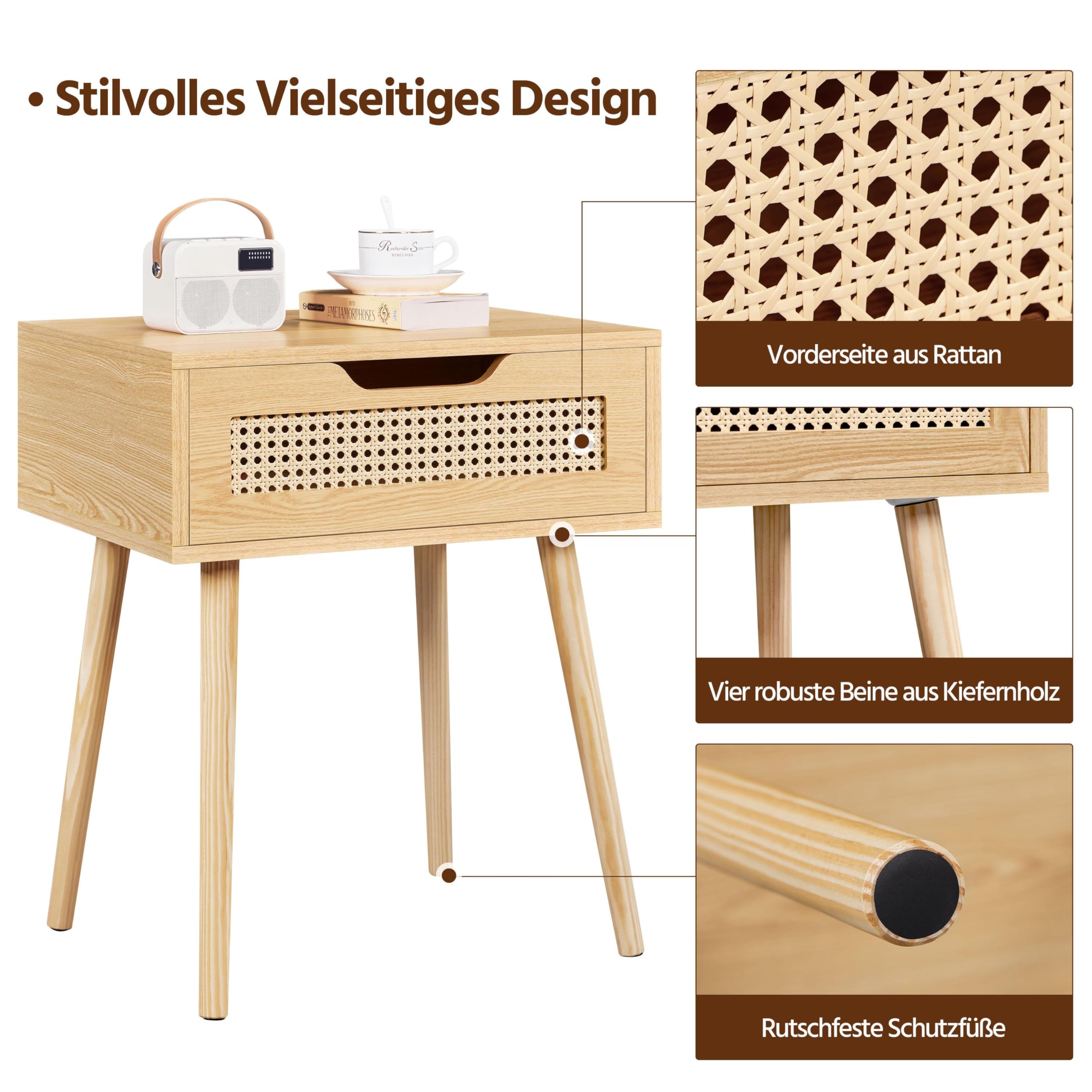 Yaheetech Nachttisch 2er Set mit Schublade Beistelltisch Rattan Nachtkommode Holzbeine Nachtschrank Sofatisch Boxspringbett Nachtkommode 48,5 cm L × 41 cm B × 57,5 cm H, Hellbraun