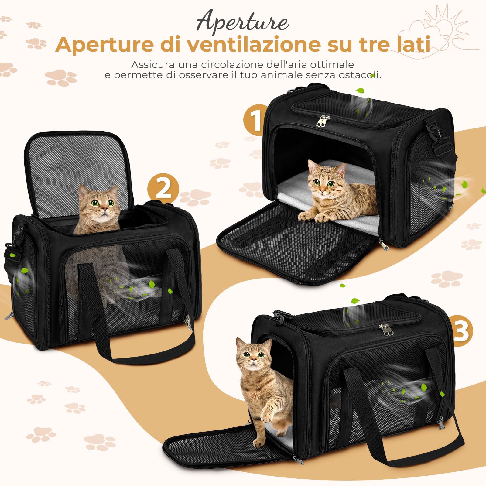 Trasportino per Gatti, 50x34x34cm Trasporto per Gatti e Animali fino a 8 kg, Trasportino per Animali Portatile Pieghevole, Trasportino per Viaggi Lunghi e Brevi (Nero)