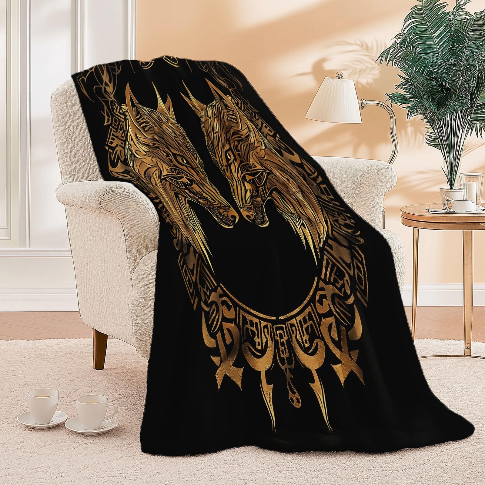 Manta Polar de Franela de Microfibra Animales Tradicionales Pintados A Mano Mantas Impresas para la Siesta del sofá, para sofá Cama, Dormitorio, Sala de Estar 180 x 200 cm, Negro Dorado
