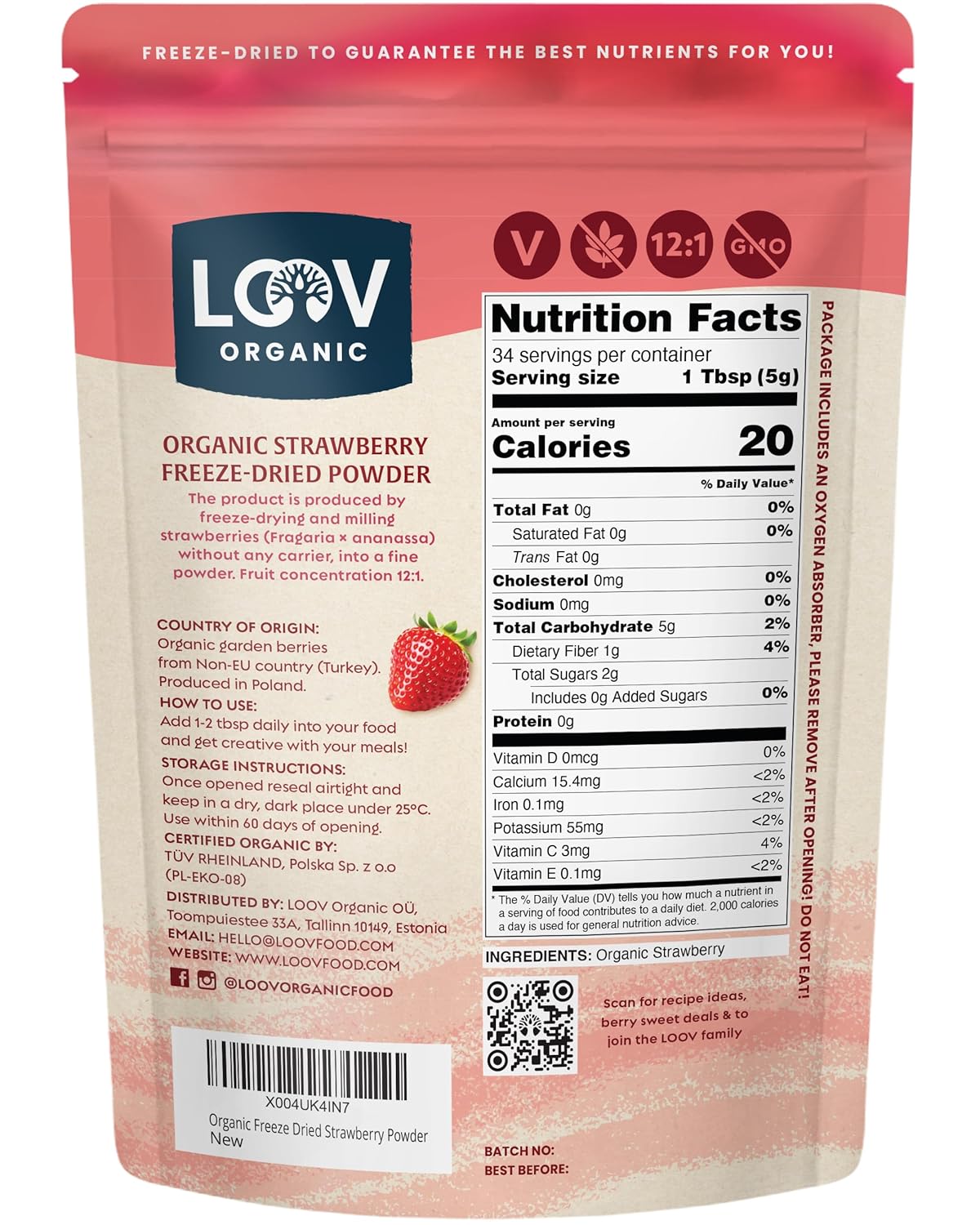 LOOV Organic Freeze Dried Strawberry Powder - 29-Day Supply, 6 Oz, Good for Smoothie, Baking & Seasoning, Freeze-Dried & Processed in Certified Facilities, No Added Sugar