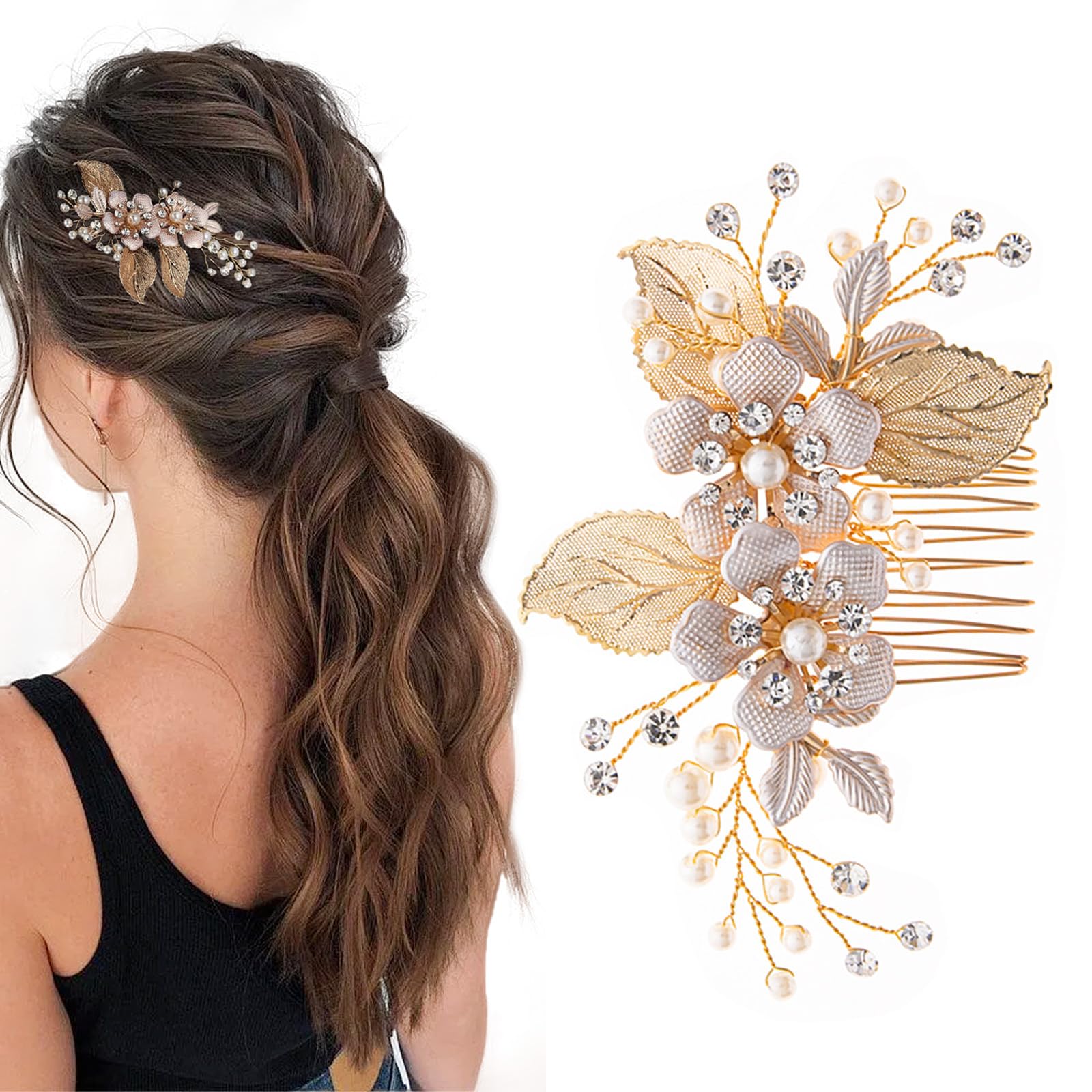 Muiltvoe Gold Bride Wedding Flower Rhinestone Pearl Hair Clip Fashion Anti-slip Headpiece for Women Girls Brides Bridesmaid Hair Pieces Comb Proposal Prom Birthday Party Accessories Decorative