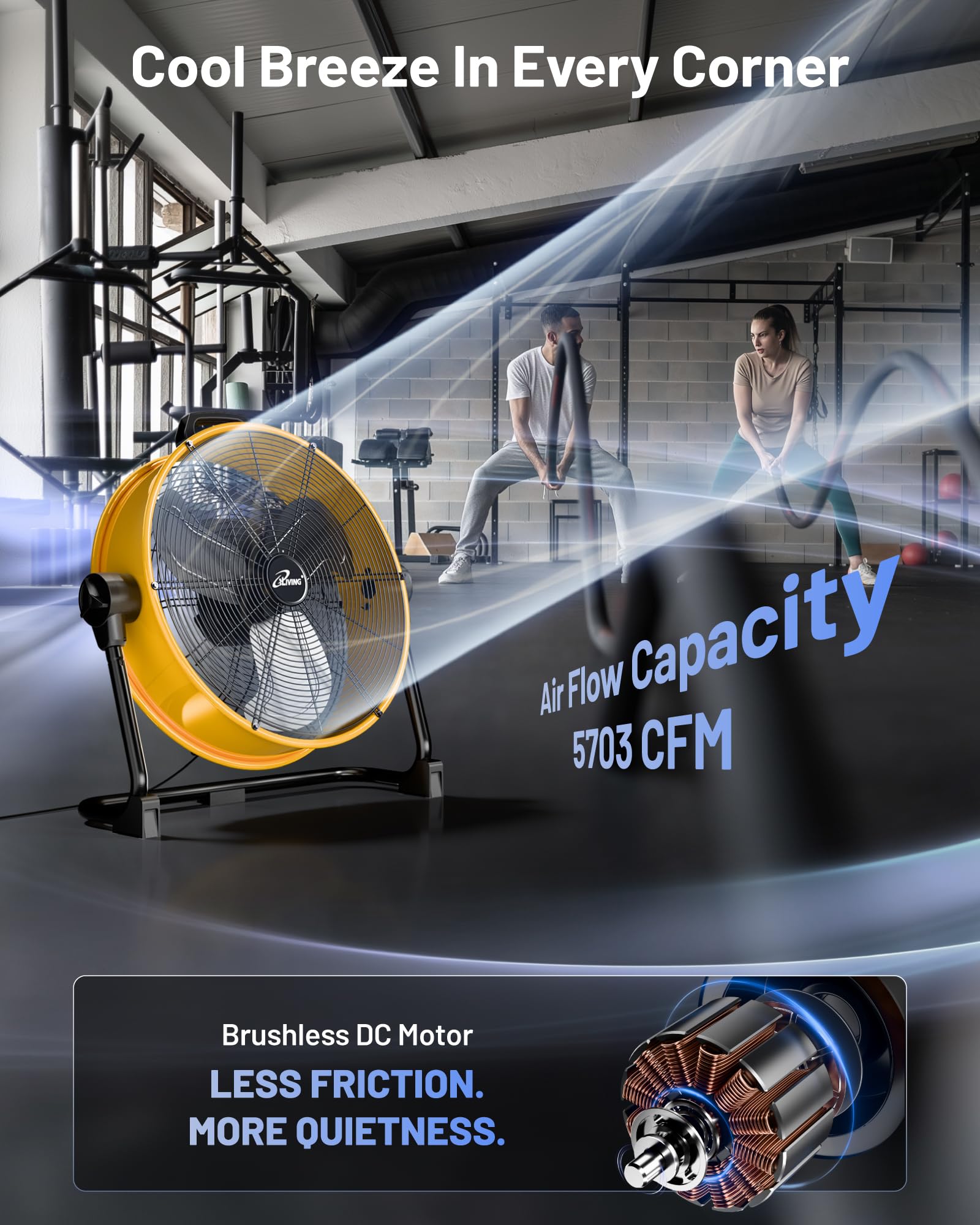 iLiving 5703 CFM - Ventilador de tambor de piso de alta velocidad con motor sin escobillas de CC, ajuste de velocidad continuo para talleres, certificación UL de seguridad, ILG8M20-50DC