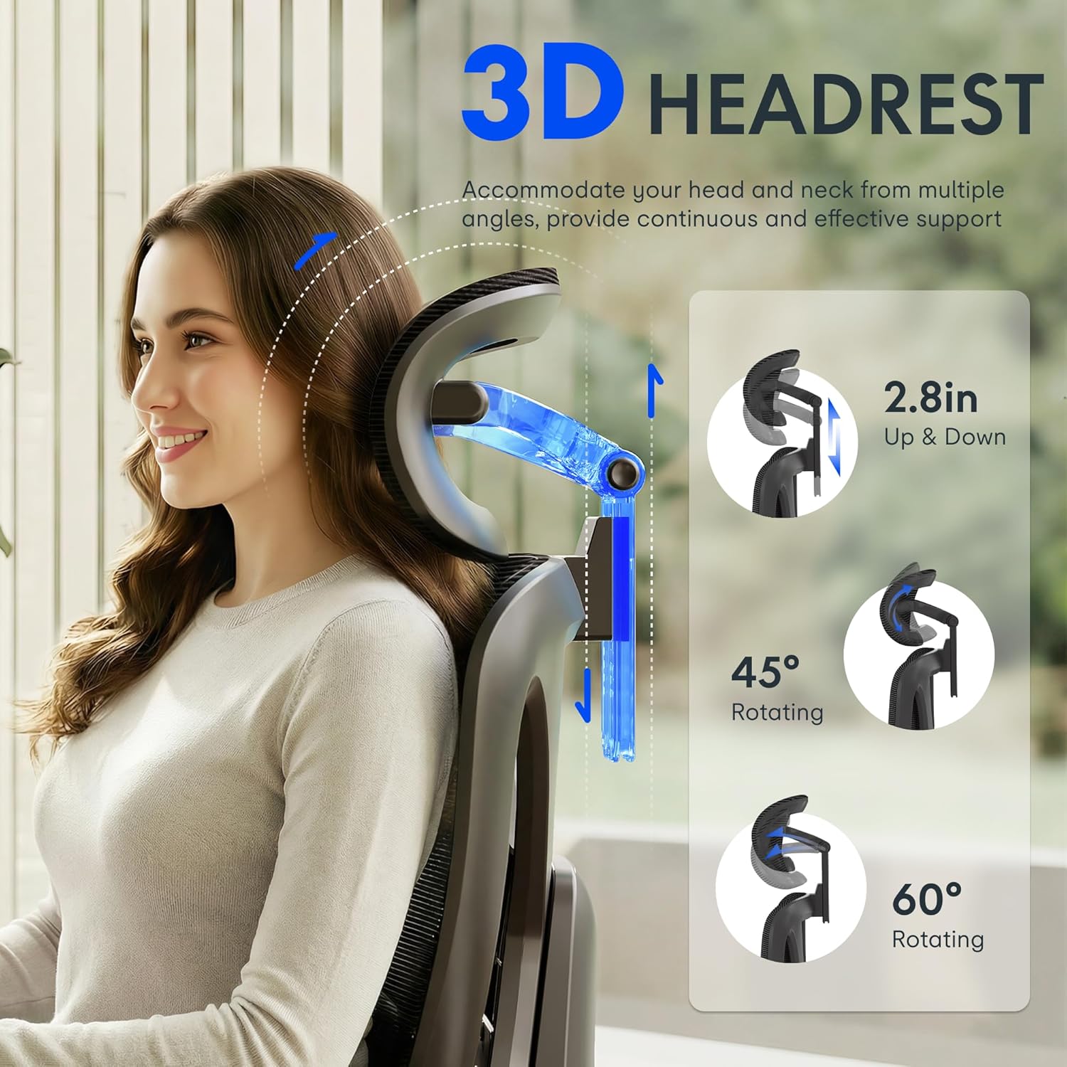 FLEXISPOT ErgoX Premium Ergonomic Office Chair with Footrest- Adjustable 3D Armrests, Dynamic Lumbar Support, Recline & Tilt Function, Mesh Seat, for Home & Office Use,Blue - Image 3