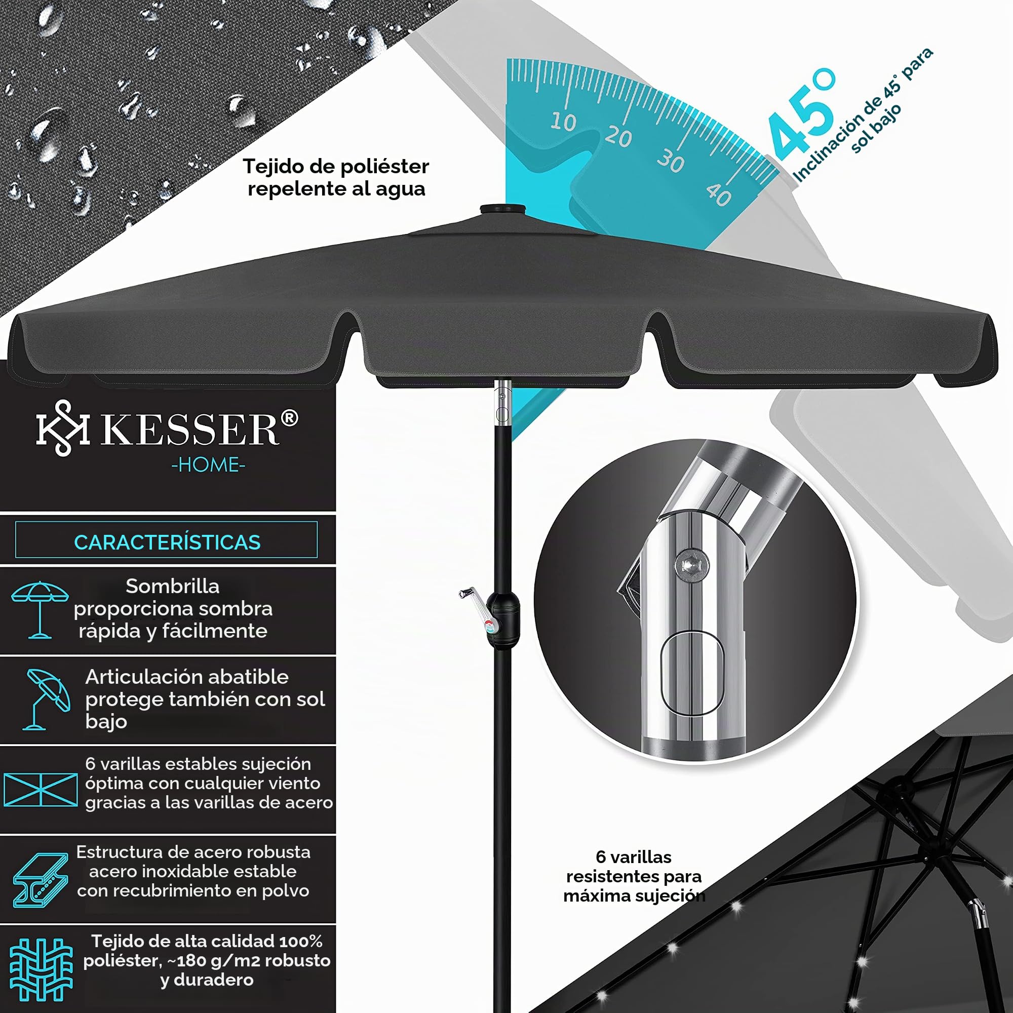KESSER® Sombrilla Parasol Rectangular LED Solar con Manivela Incluye Funda 2 en 1 Bolsa de Transporte | Sombrilla para Balcón Jardín y Terraza Ajustable y Inclinable