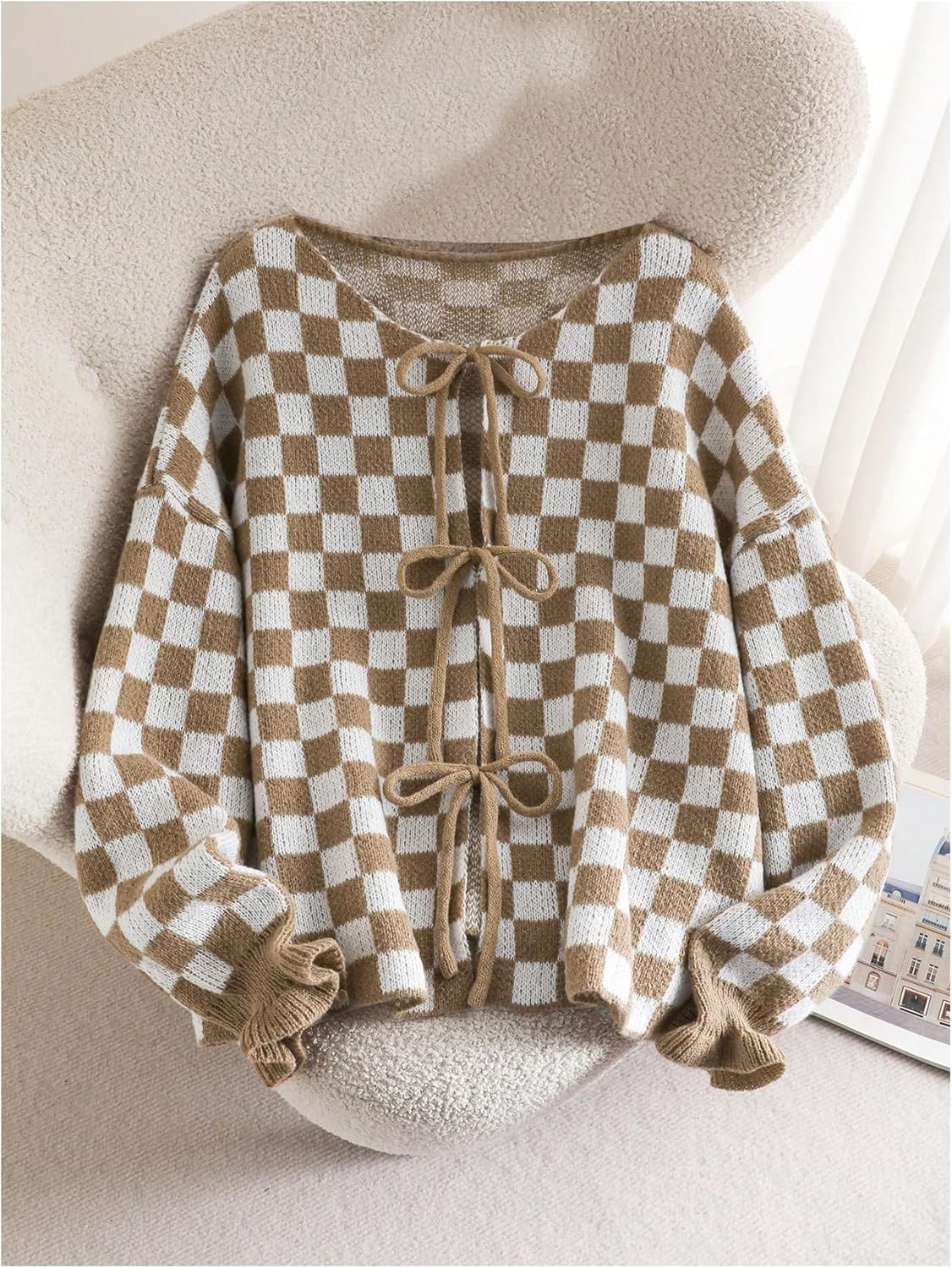 Verdusa Women's Plus Size Checkered Plaid Cardigan Cozy Sweaters Bow Tie Knit Outerwear Fall Clothes - Image 6