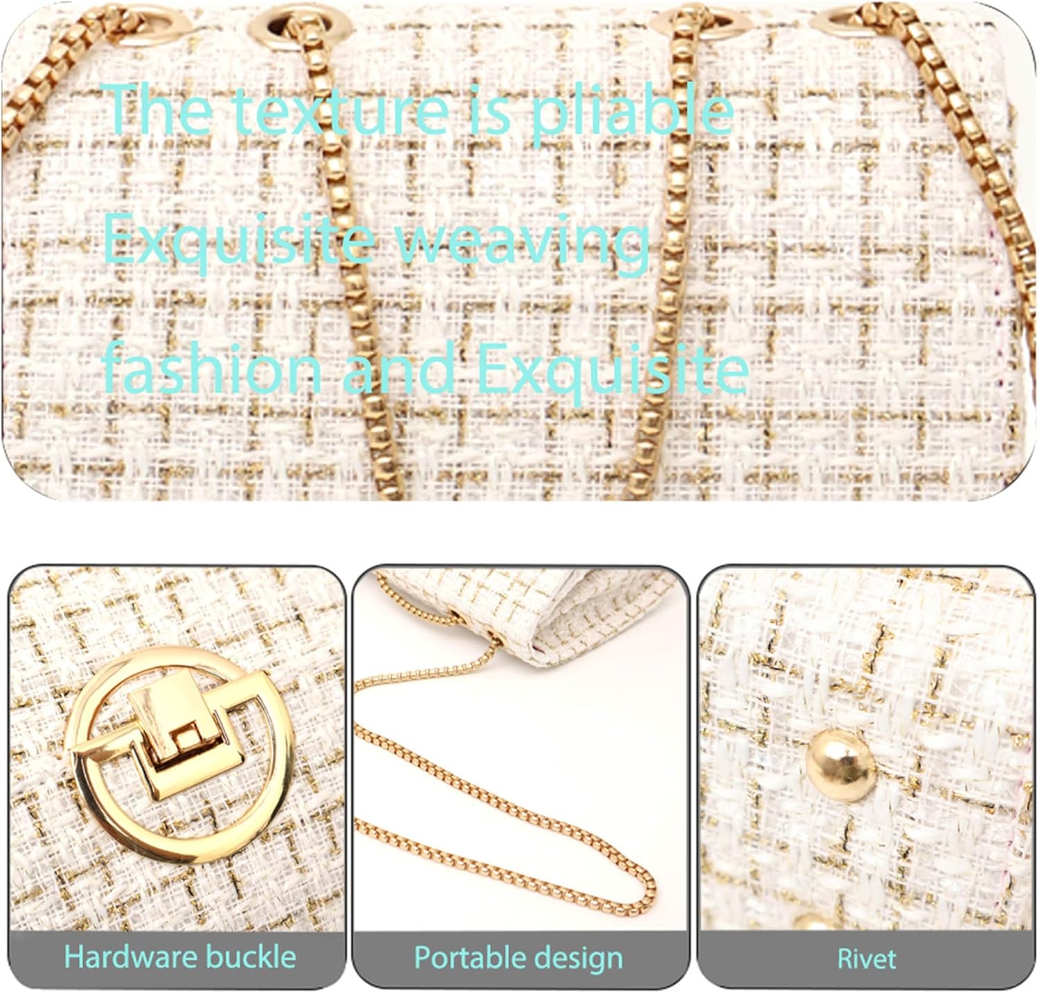 Women Tweed Small Shoulder Bag Handbag and Purse Fashion Ladies Chain Quilted Crossbody Bag Evening Bag Clutch - Image 6