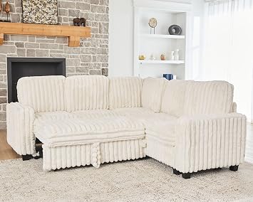 Belffin Plush Corduroy Modular Sectional Sofa with Pull Out Bed Convertible Small Sectional Corner Couch for Living Room Beige Couch
