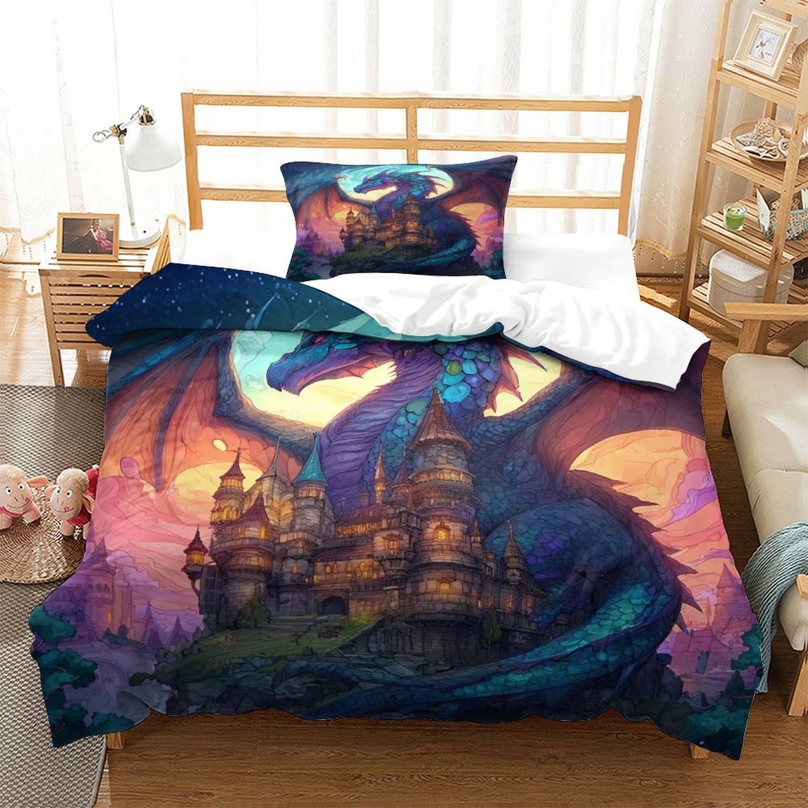 Housse de couette dragon 3D anti-plis en microfibre douce 135x200cm