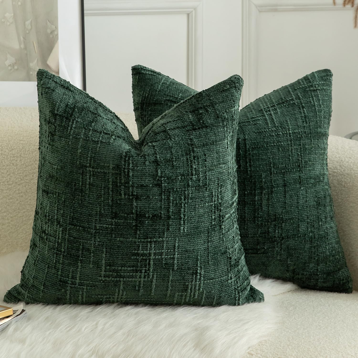 MANDIOO Pack of 2 Soft Chenille Textured Throw Pillow Covers Square Accent Solid Decorative Cushion Cover Cozy Farmhouse Pillow Case for Couch Sofa Bed Living Room 26x26 Inch Dark Green