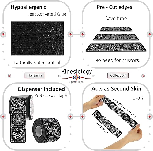 Vista 42 de Cinta de kinesiología precortada con dispensador – Cinta muscular deportiva vertical latina – Sintético Negro 16.4 ft 20 tiras – Cinta de Latina