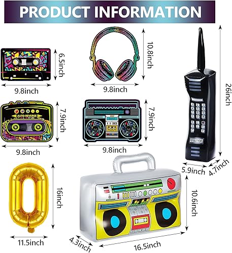 Miniatura 2 de Zhanmai 26 piezas de decoraciones de fiesta de los años 80 y 90 radio boombox inflable teléfono móvil cadena de globos de papel dorado accesorios de