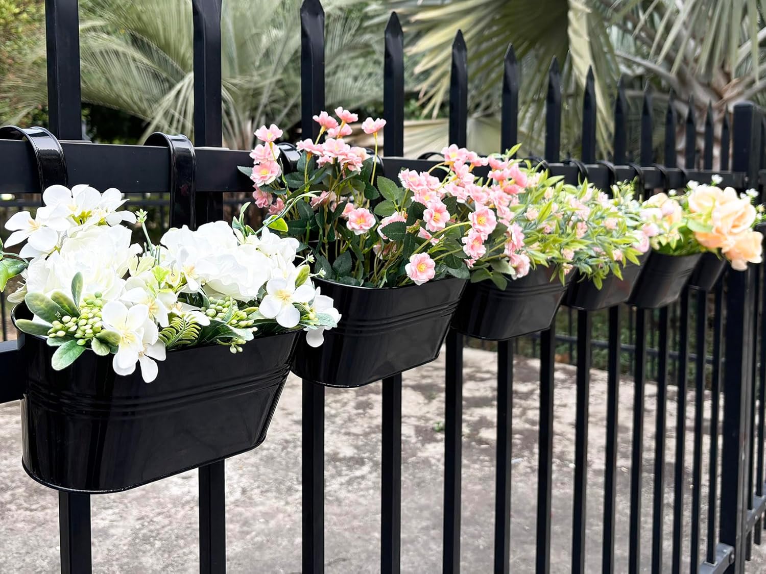 12" Balcony Railing Planters, Outdoor Hanging Planter for Fence, Stylish Metal Porch Deck Flower Pot for Herbs & Succulents (Black, Pack of 6)