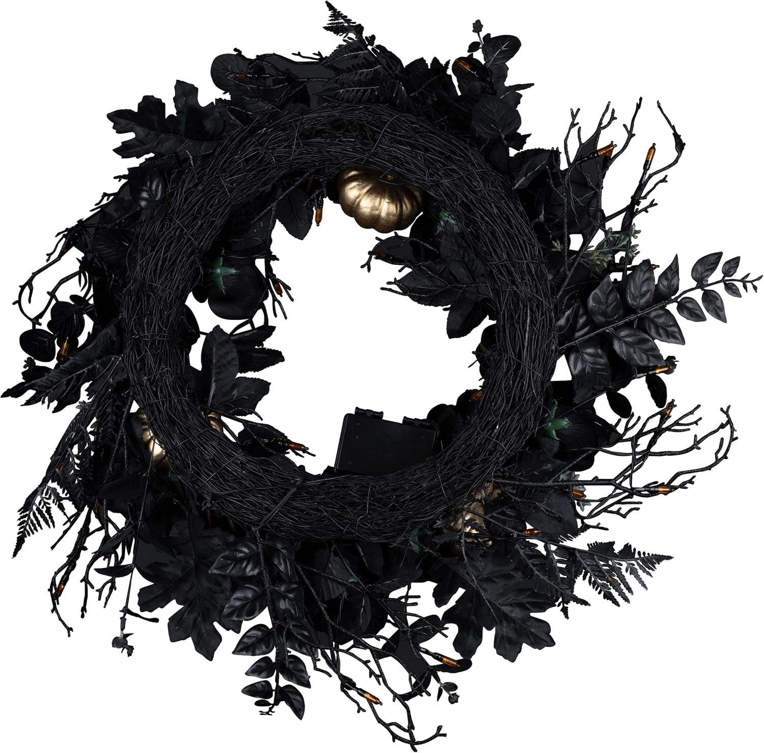 National Tree Company, 24inch Artificial Chic Eek Black and Gold Halloween Wreath, 40 Orange LED Lights