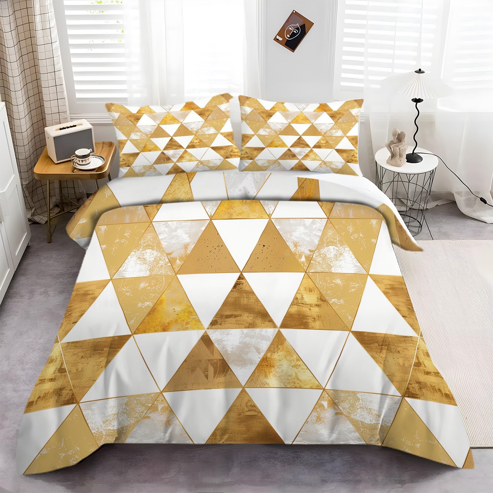 Funda Nordica para Cama 150 220x240 cm Cuadrícula Geométrica Amarilla 3D Funda de Polialgodón para Edredón con 2 Fundas para Almohada 50x75 cm, Suave y Transpirable Juego de Funda Nordica