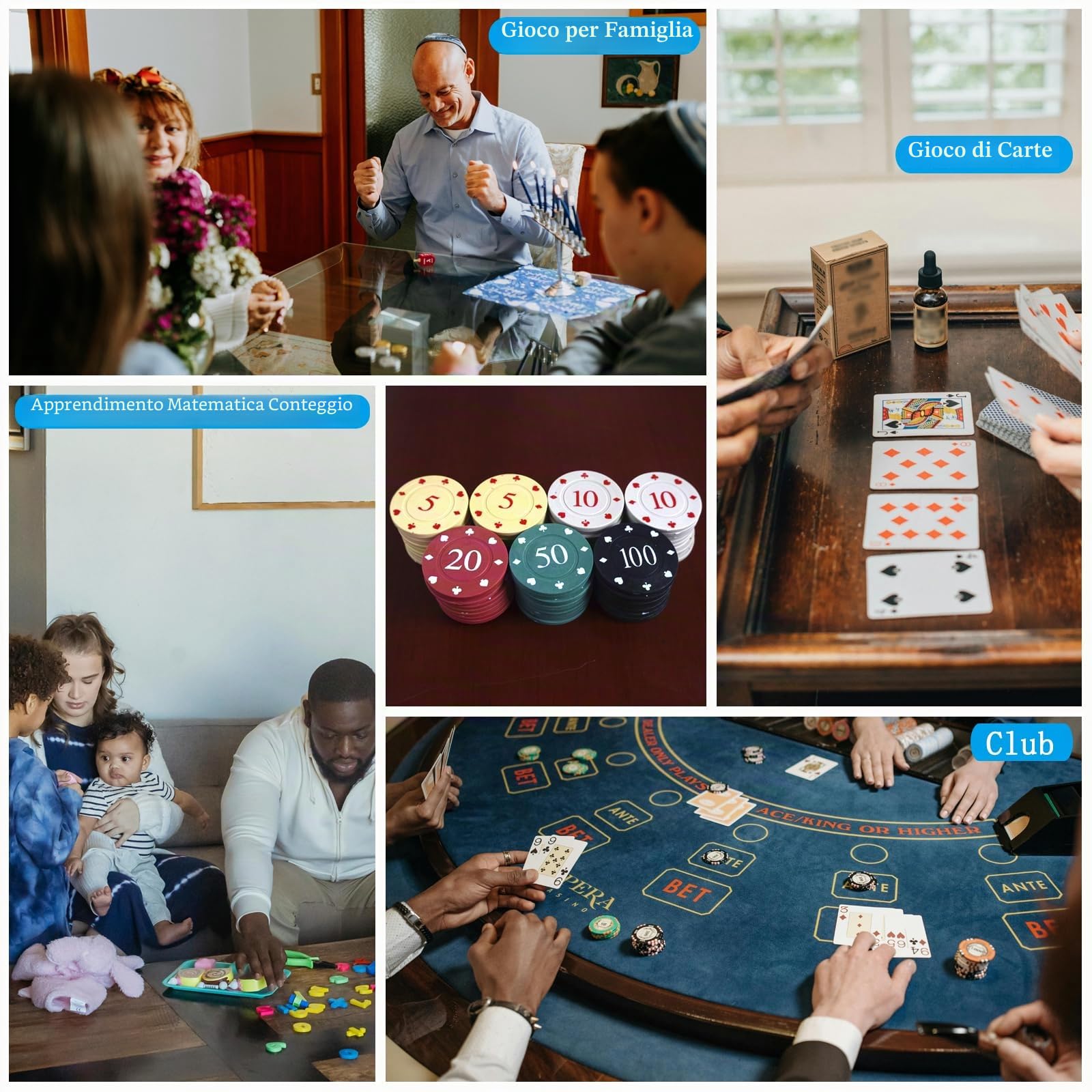 100 Pezzi Fiches da Poker Colorate con Scatola Portaoggetti, 5 Contatori con Numeri, Fiches per Giochi di Carte, Adatte ai Giochi per Bambini per Imparare il Conteggio Matematico