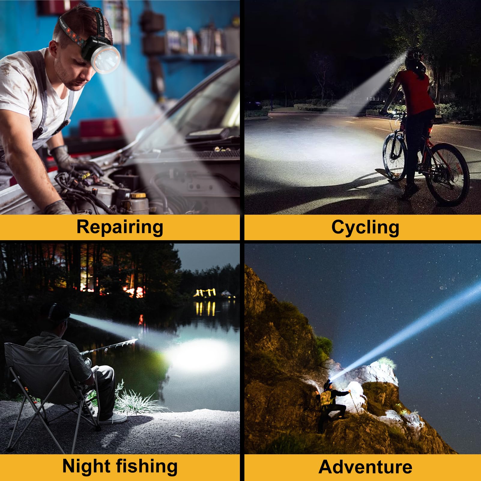 Lokilo Linterna frontal LED ultrabrillante, recargable de alto lúmenes e impermeable con diadema ajustable para trabajo nocturno y uso al aire libre (luz plateada-amarilla)