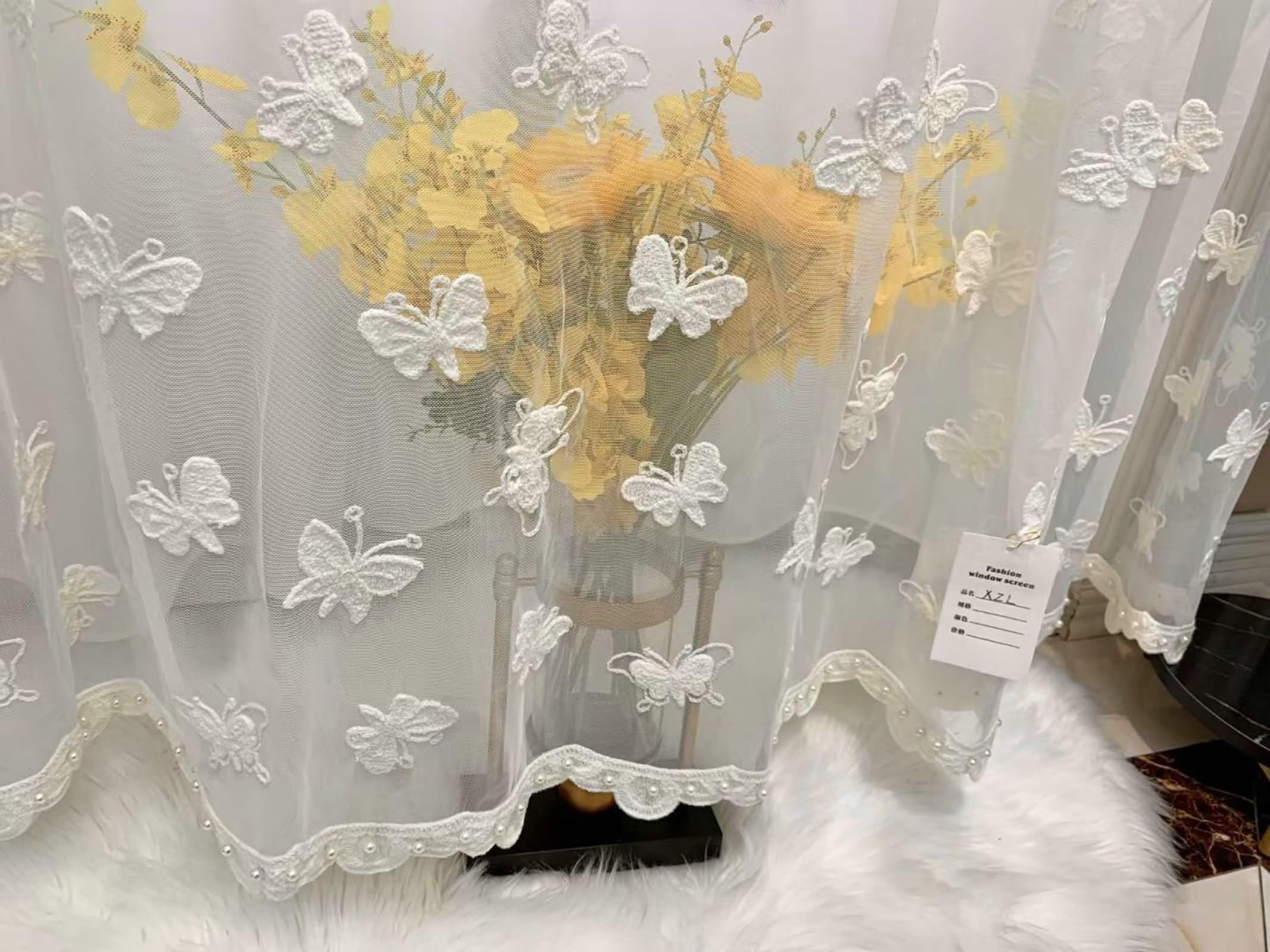 Rideau Cuisine Extérieure, Voilage Blanc Salon Papillon Brodé Mélange Polyester-Coton Lot de 2 132W x 229L cm