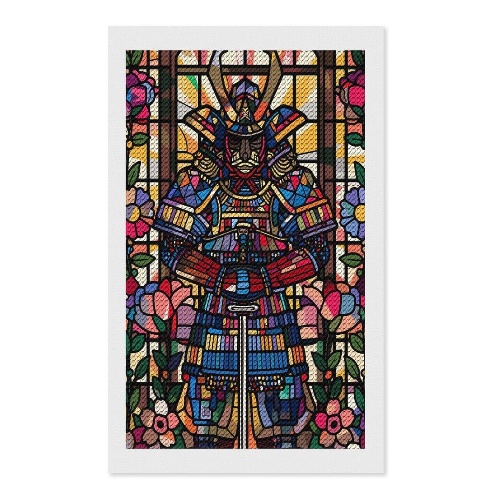 Junmoney Samurai in Stained Glass with Flowers Full Drill Diamond Painting Kit 12"x20", for Teens, Calming Craft to Unwind, Home Wall Decor, Christmas Gift