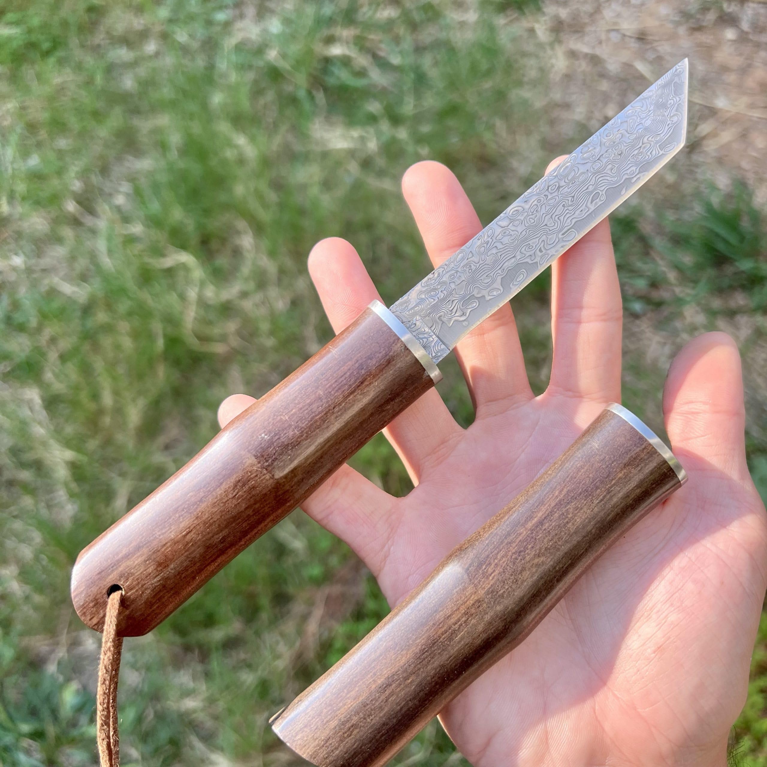 Couteau Damas Tanto Camping Lame Fixe Acier Damascus Style Japonais Manche Intégral Bois Collection Custom Cadeau Homme Suminagashi VG10 forge artisanat tranchant camping exterieur