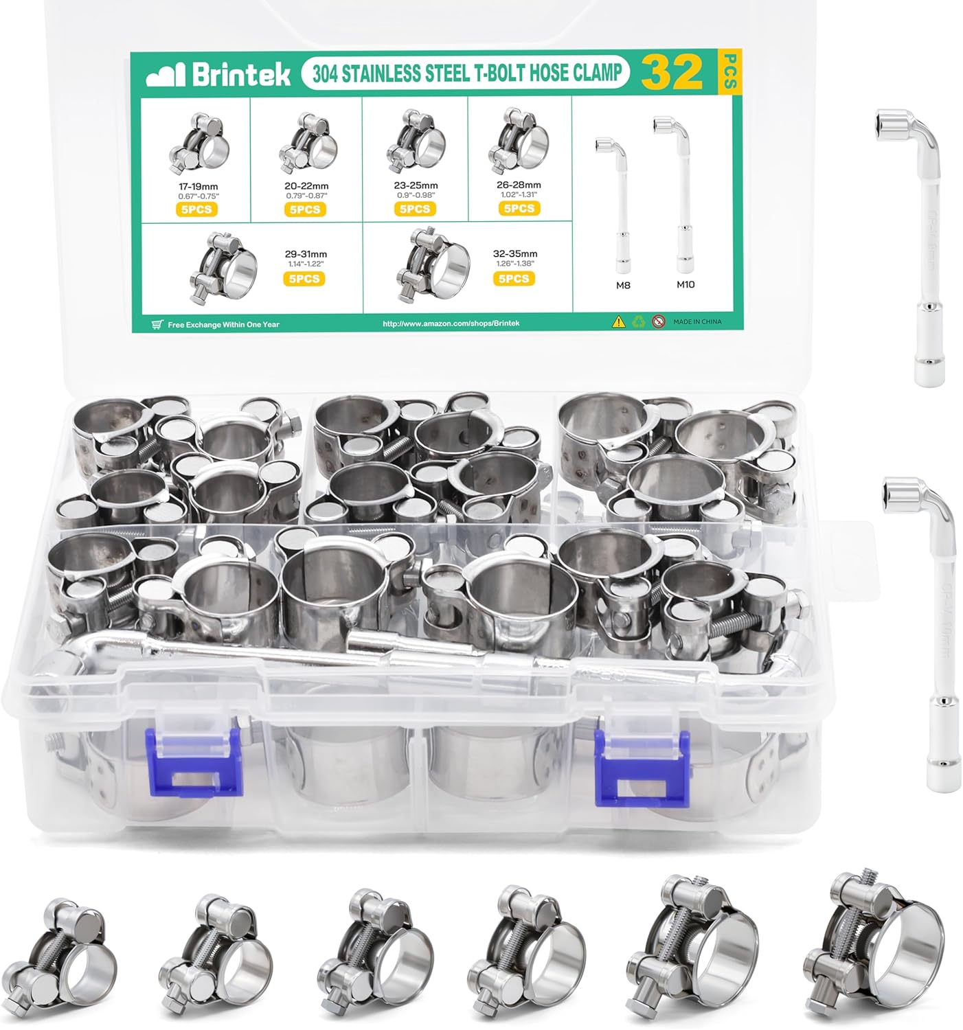 T-bolt Hose Clamps - 32PCS 17-35mm Stainless Steel Hose Clamp Assortment 6-Sizes Heavy Duty Adjustable Tube Clamps with M8 and M10 Socket Wrenches