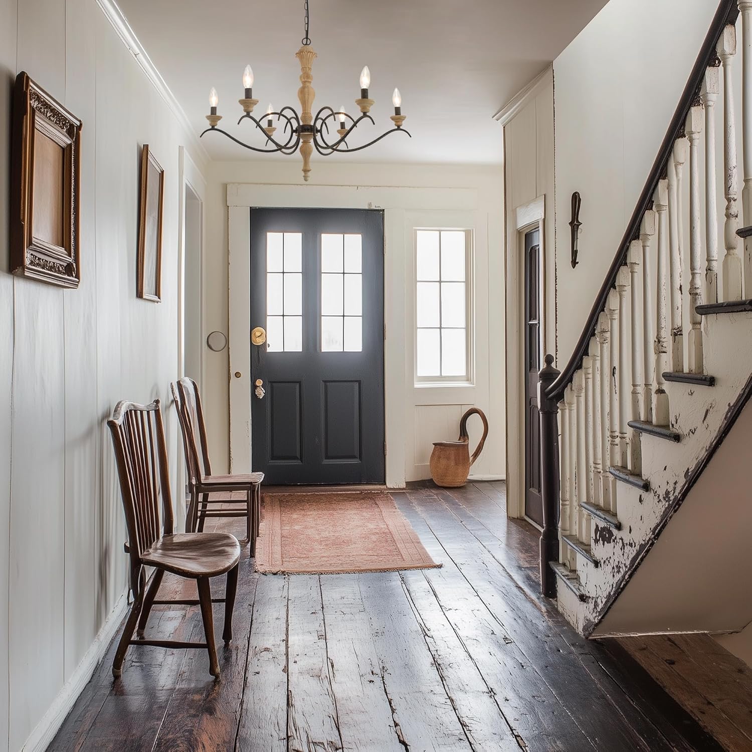 6 Light French Country Chandelier 30" Farmhouse Chandelier Retro Rustic Distressed Wood Chandelier for High Ceilings, Bedroom, Kitchen Island, Living Room, Dining Room, Entryway, Foyer, E12
