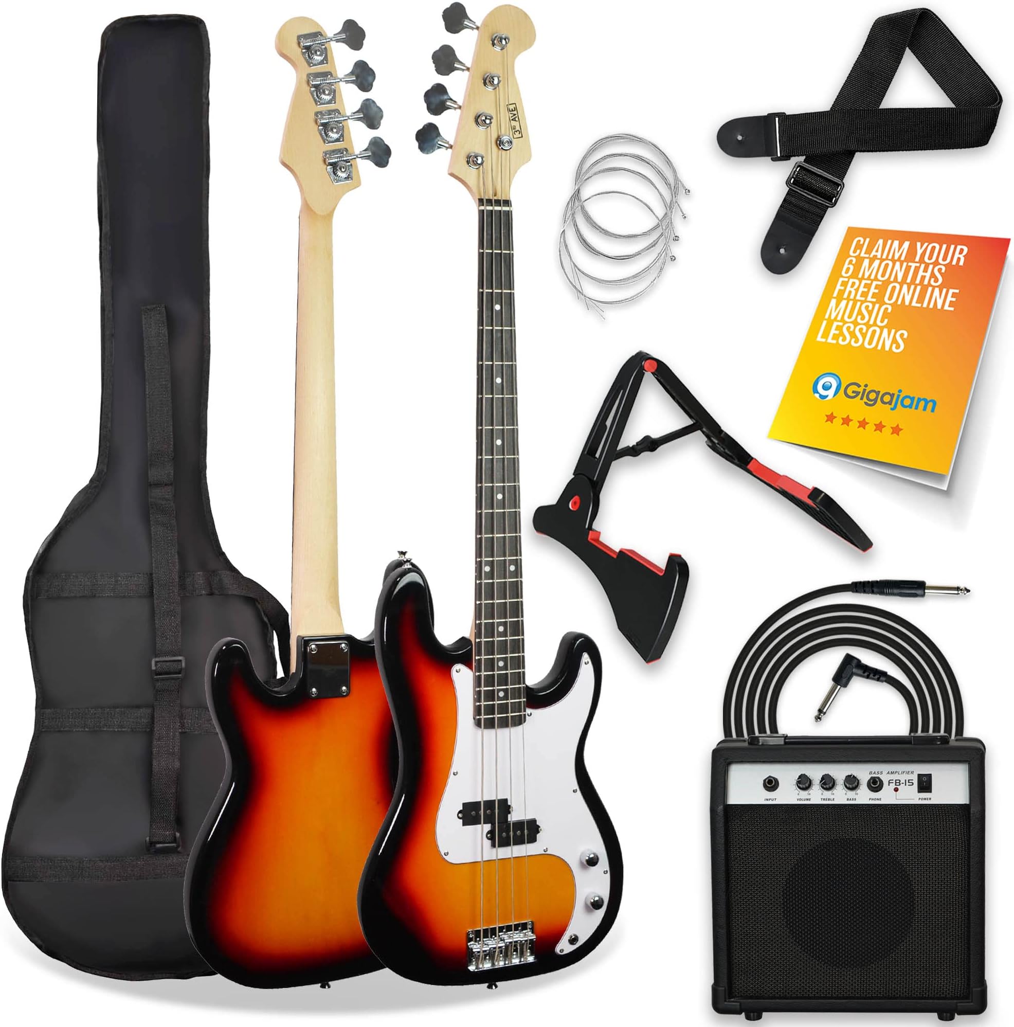 3rd Avenue Full Size 4/4 Electric Bass Guitar Beginner Pack Kit with 15W Amplifier, Bag, Cable, Strap, Stand and Spare Strings – Sunburst