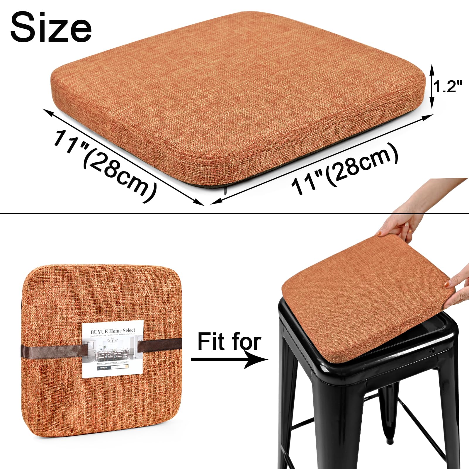 Glattol BUYUE - Juego de 4 cojines magnéticos de lino natural, antideslizantes, transpirables, para asiento de silla pequeña, para café, bistro, apilables, cuadrados, naranja, 4 unidades