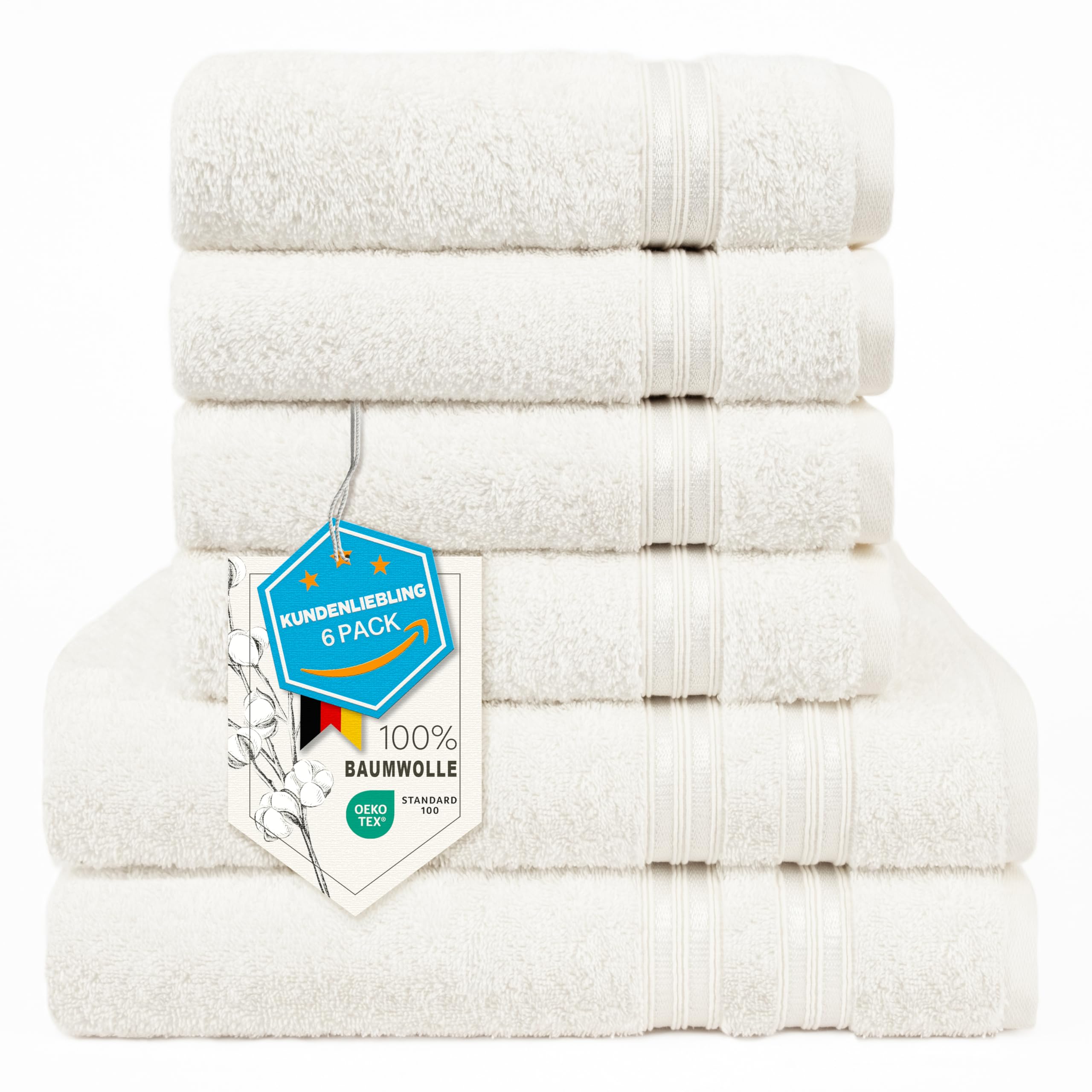 Hammetex 6er Handtücher Set – 2 Badetücher 70x140 cm & 4 Handtücher 50x100 cm – 100% Baumwolle Frottier – Oeko-TEX Zertifiziert – Weich, Saugstark - mit Aufhänge, Creme
