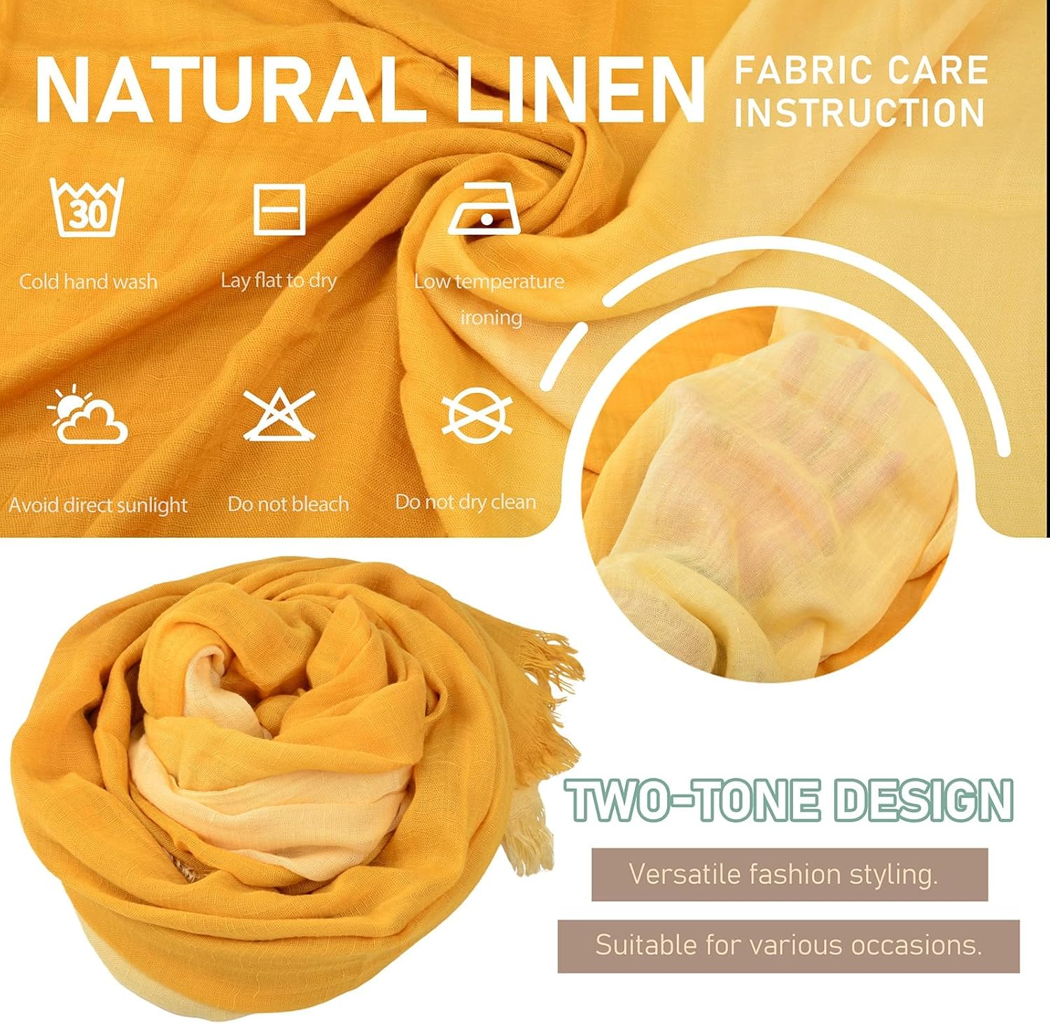 Two-tone Linen Scarf for Women Lightweight Summer Wrap Cotton Shawl Beach Travel Pashmina Gauze 75"×35" - Image 2