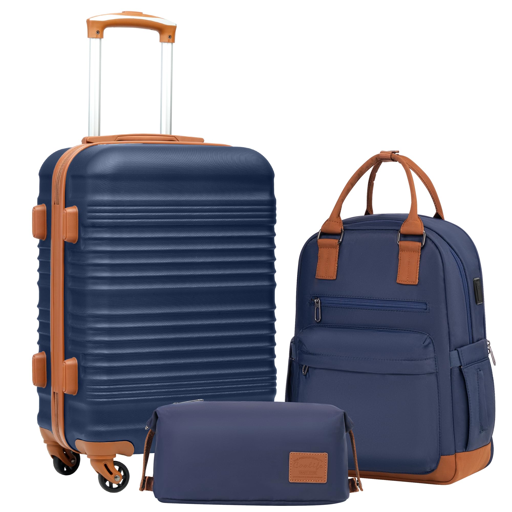 Coolife Luggage Set 3 Piece Luggage Set Carry On Suitcase Hardside Luggage with TSA Lock Spinner Wheels(Navy, 3 piece set (BP/TB/20))