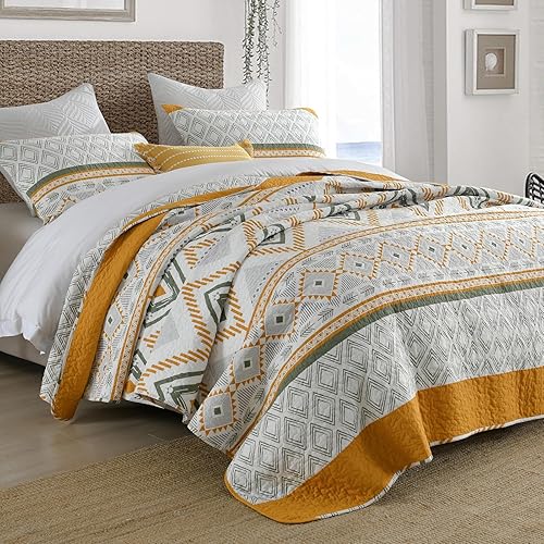 Miniatura 2 de Juego de edredón de estilo bohemio tamaño Queen 100% algodón, juego de ropa de cama con rayas geométricas bohemias, colcha suave y ligera para todas