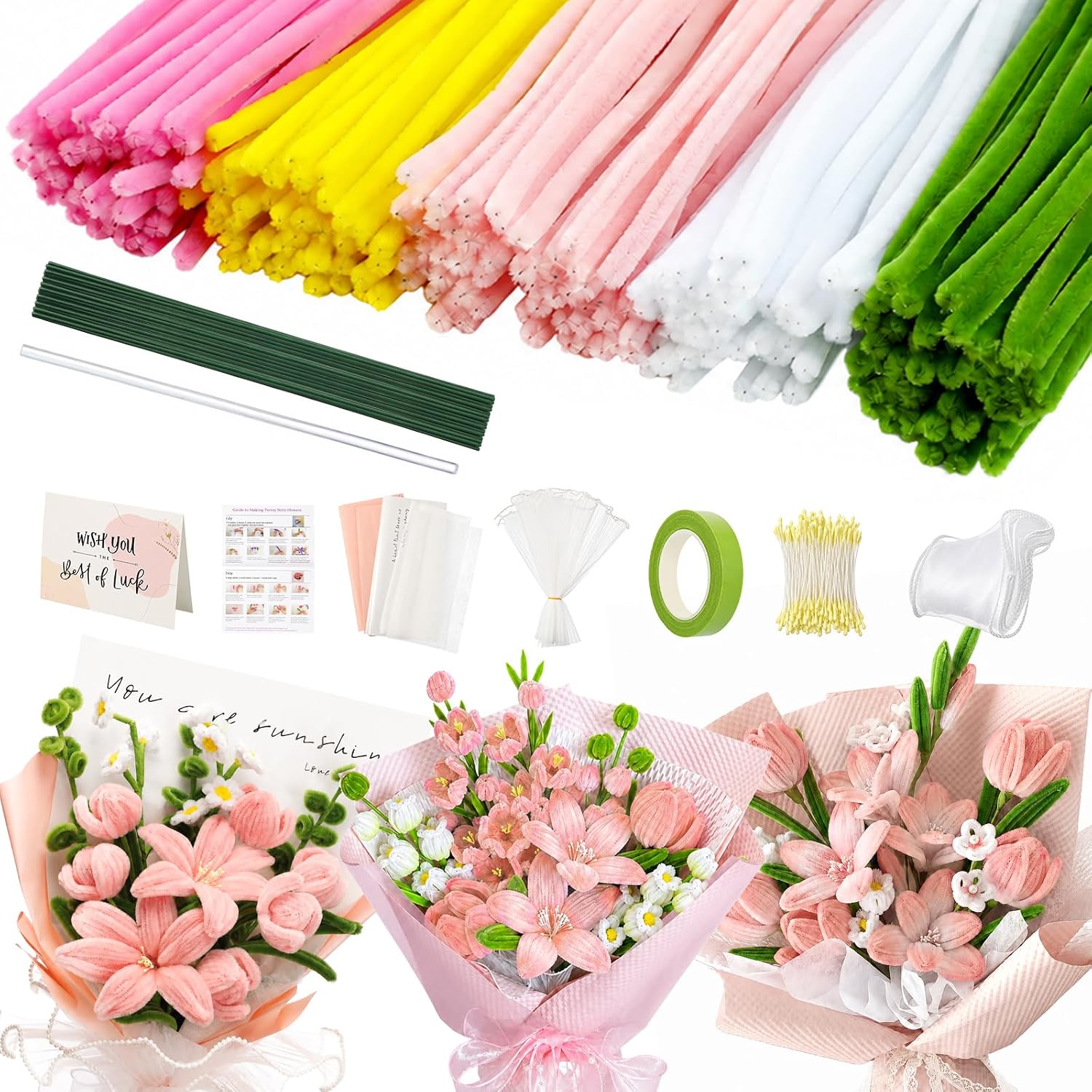 400 Pcs Pipe Cleaners Bulk, 5 Assorted Colors Flower Kit Pink